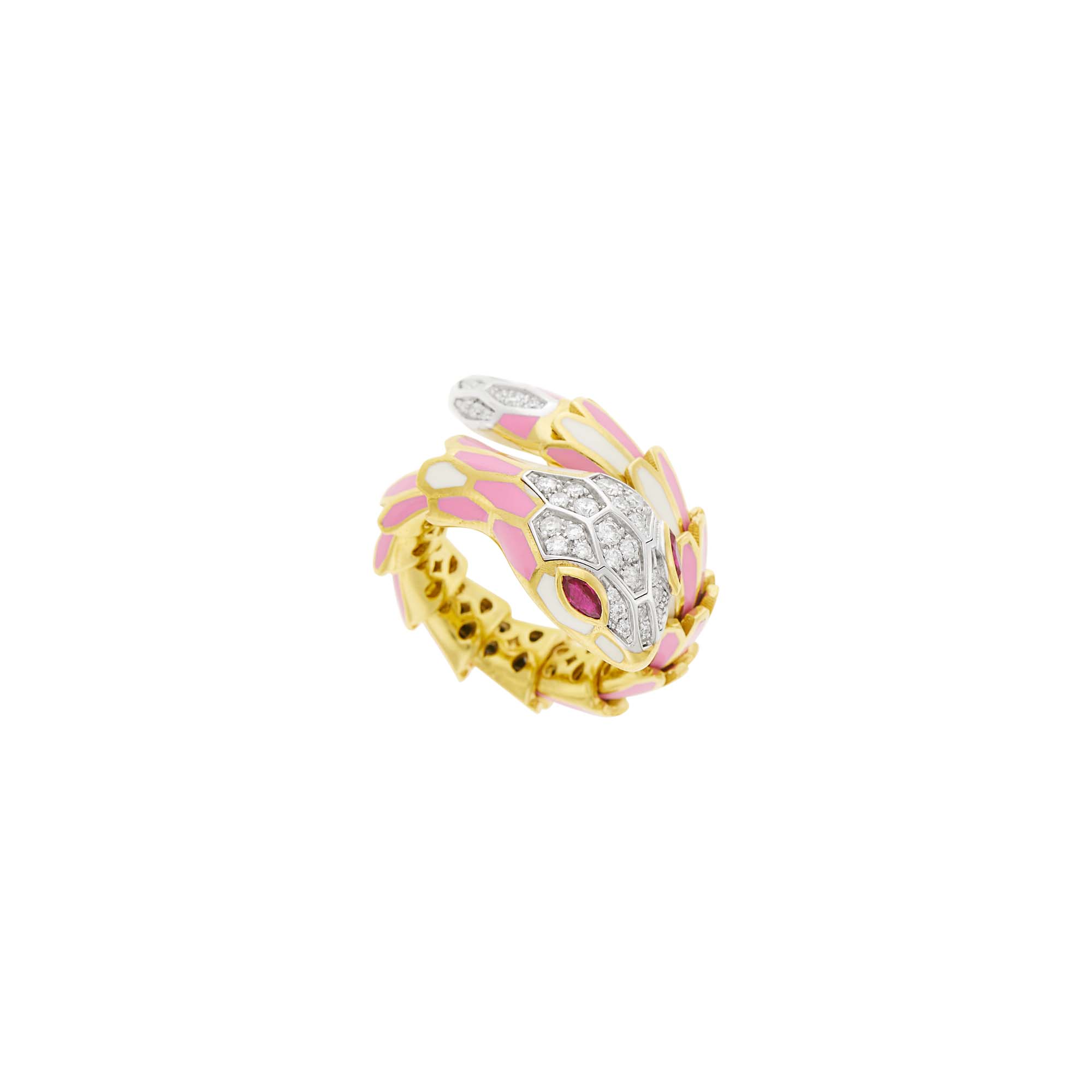 Lot image - Rose Gold-Plated Silver, Pink and White Enamel and Diamond Snake Ring