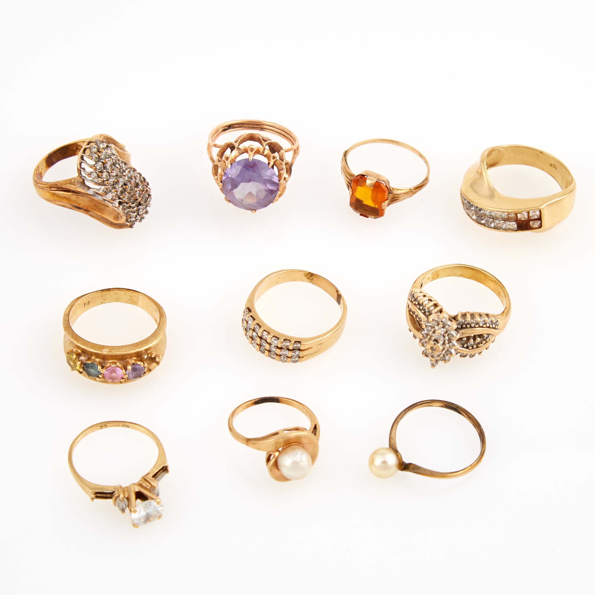 Lot image - Diamond Ring, Nine Gold, Stone and Bead Rings, 14K 23 dwt. and 10K 5 dwt. all, stones missing