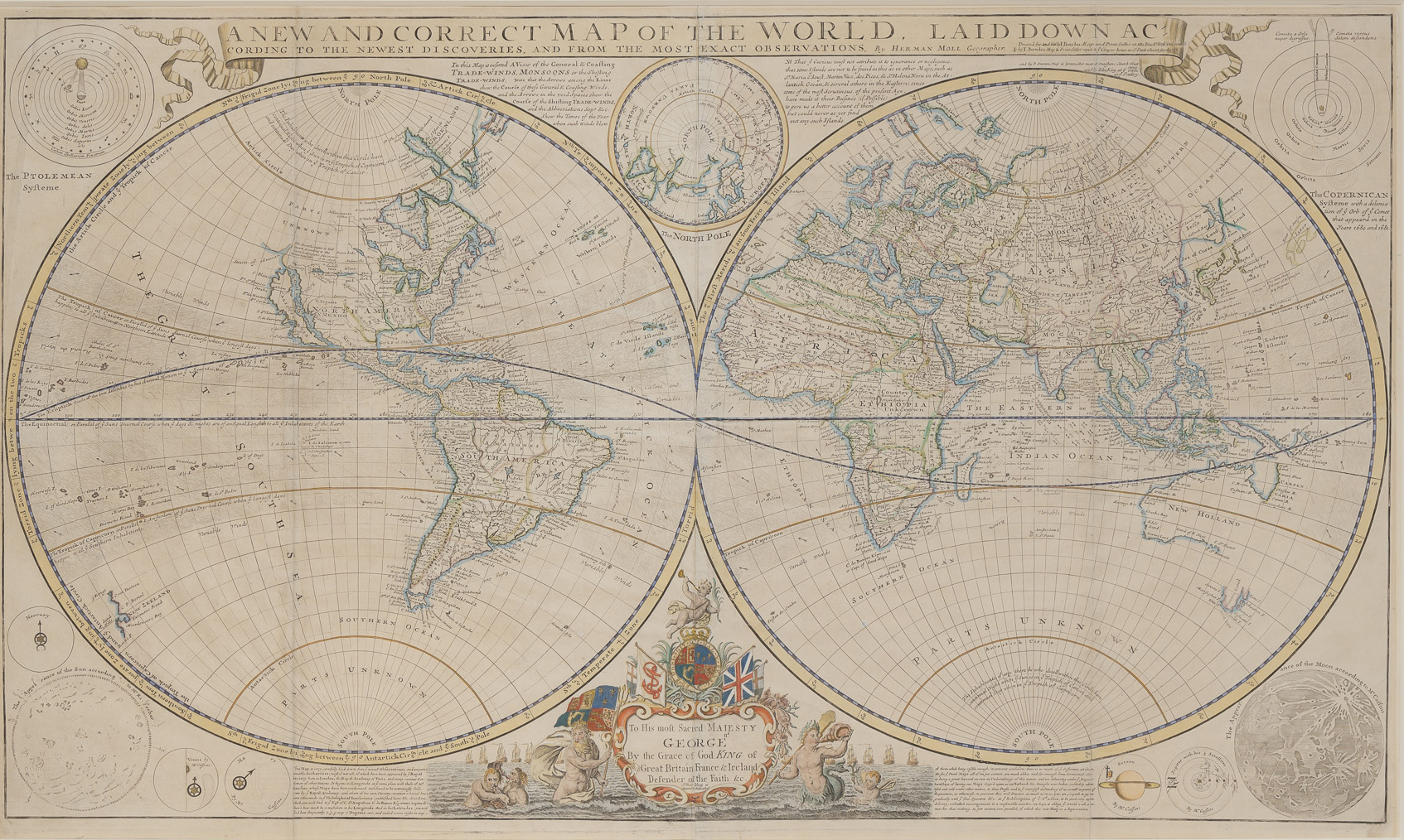 Lot image - MOLL, HERMAN  A New and Correct Map of the World, Laid Down According to the Newest Discoveries, and From the Most Exact Observations.  London:  I and T. Bowles, P. Overton, and John King [undated, but likely circa 1736