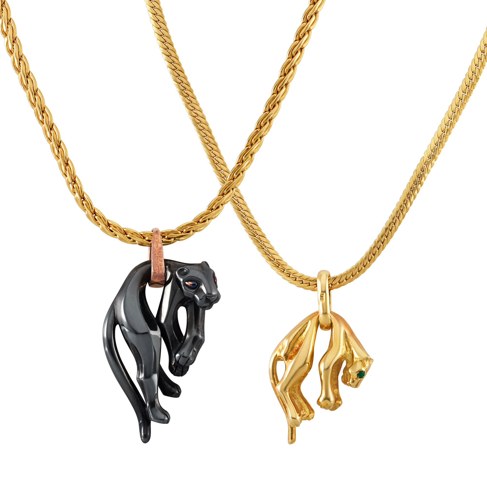 Lot image - Gold Panther Pendant, Cartier and Silverium Panther Pendant with Two Gold Chains
