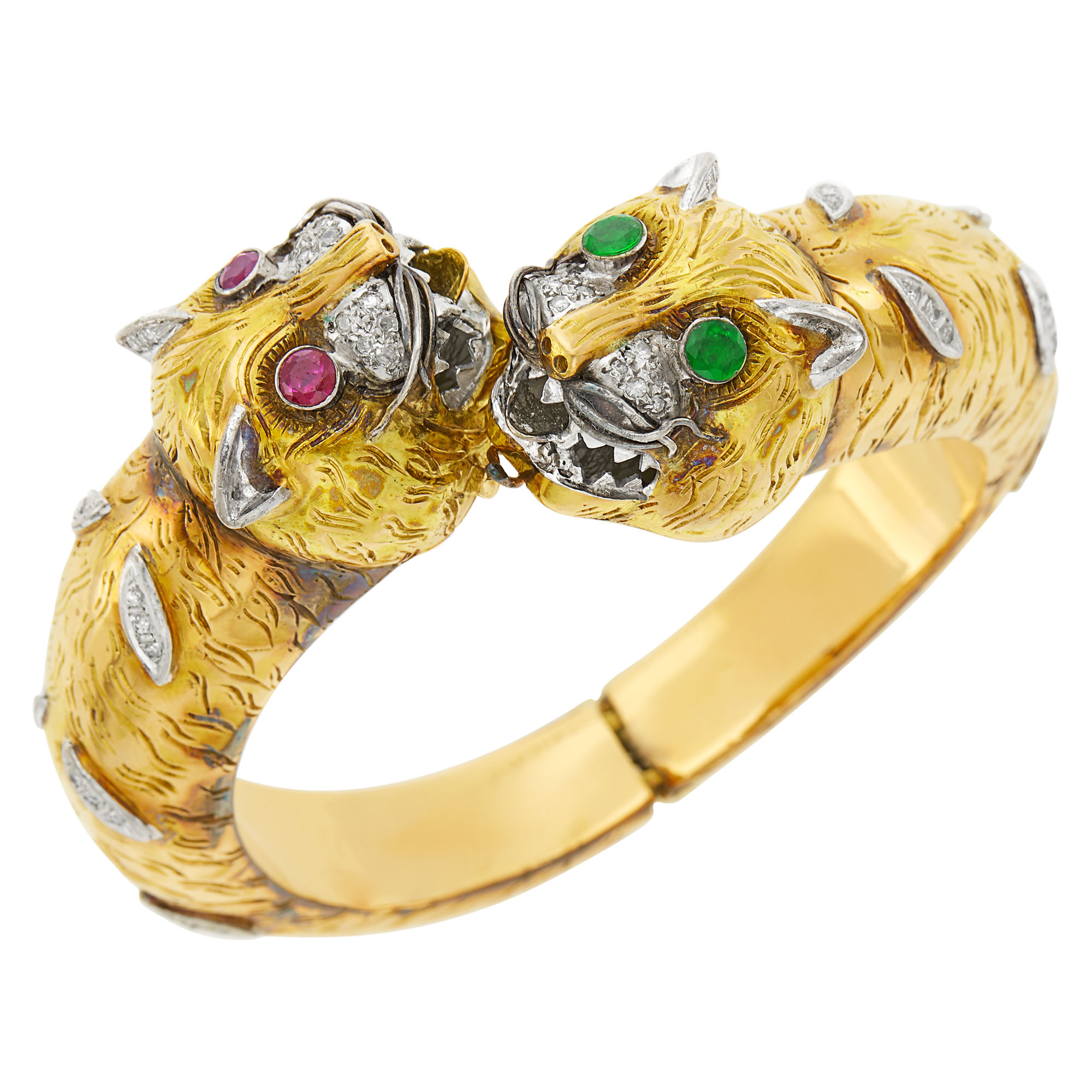 Lot image - Two-Color Gold, Diamond and Gem-Set Panther Head Bangle Bracelet