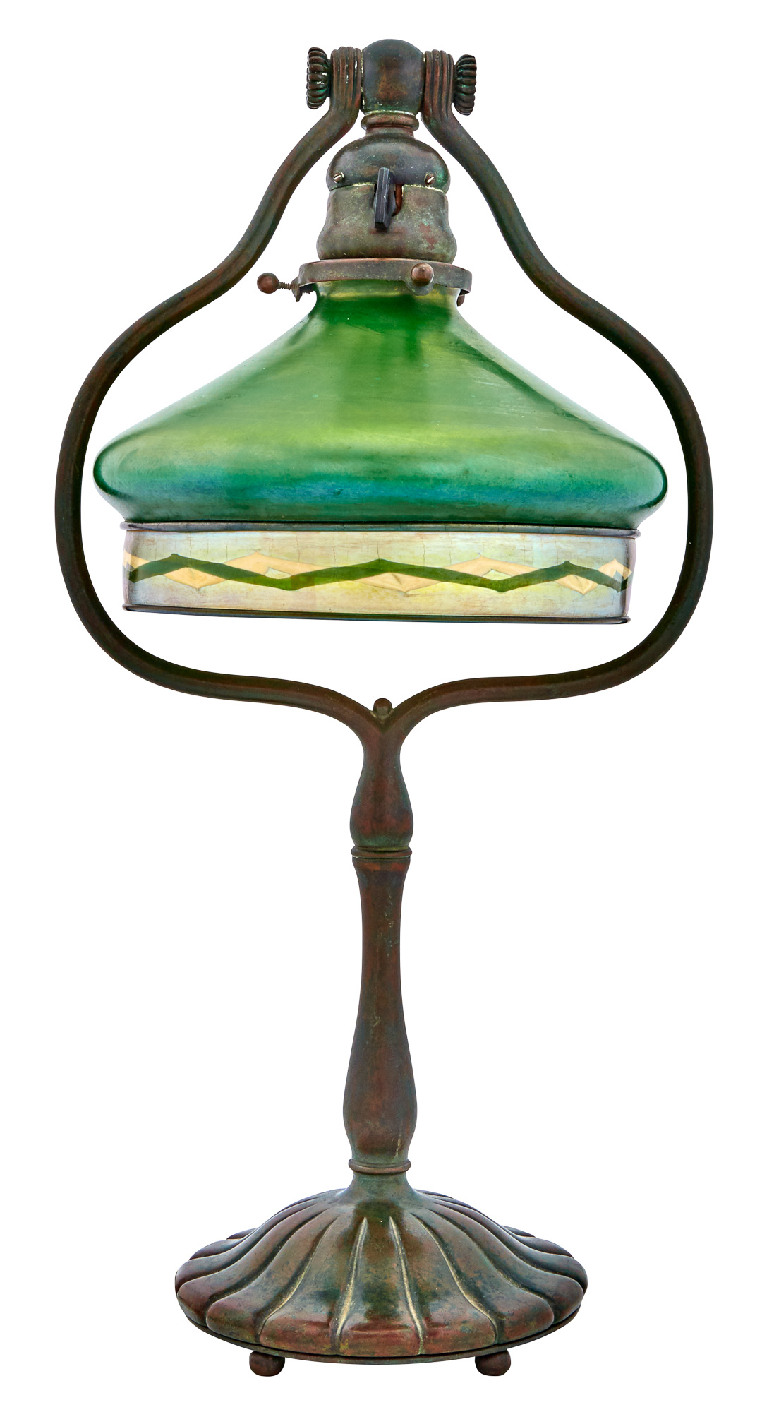Lot image - Tiffany Studios Bronze and Hand-Blown Favrile Glass Harp Desk Lamp with an Intarsia Border
