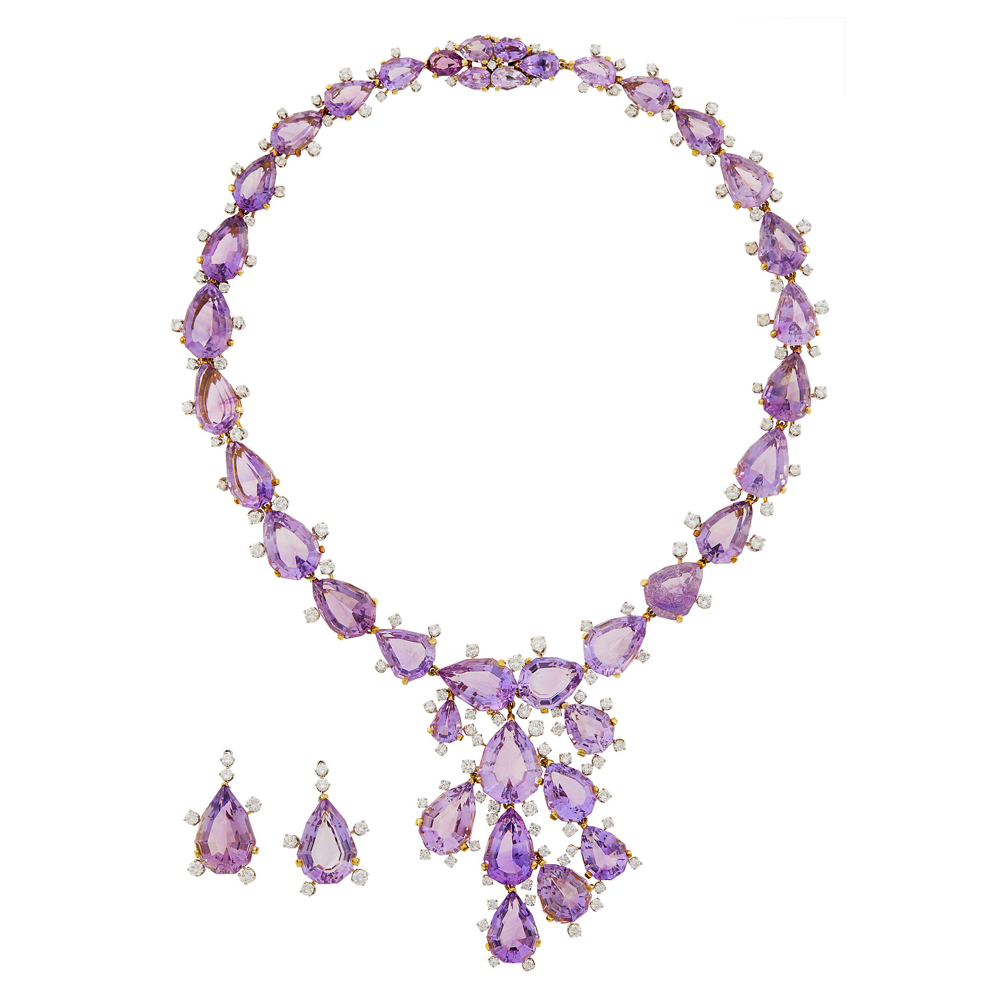 Lot image - Gold, Platinum, Amethyst and Diamond Necklace and Pair of Pendants