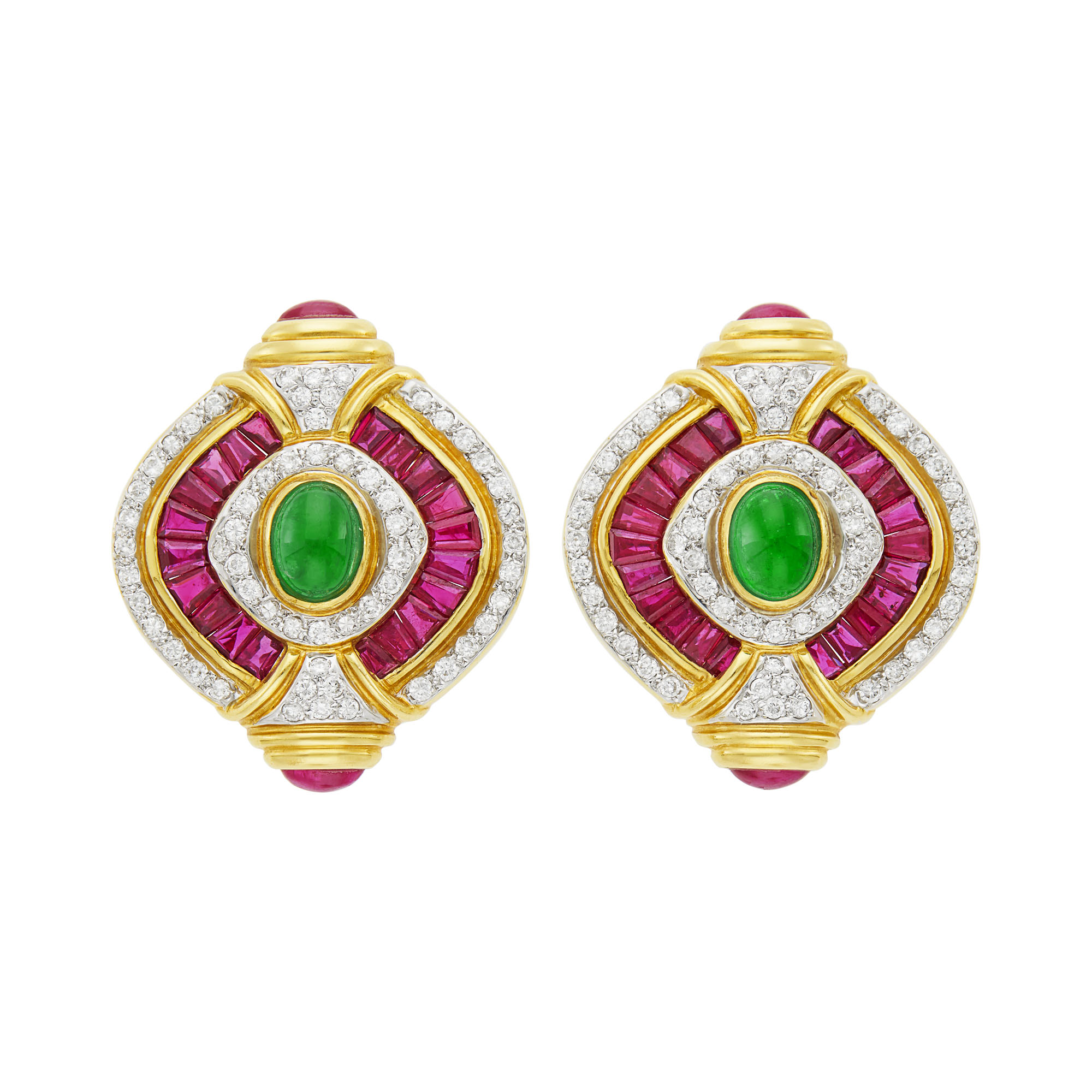 Lot image - Pair of Two-Color Gold, Ruby, Emerald and Diamond Earclips