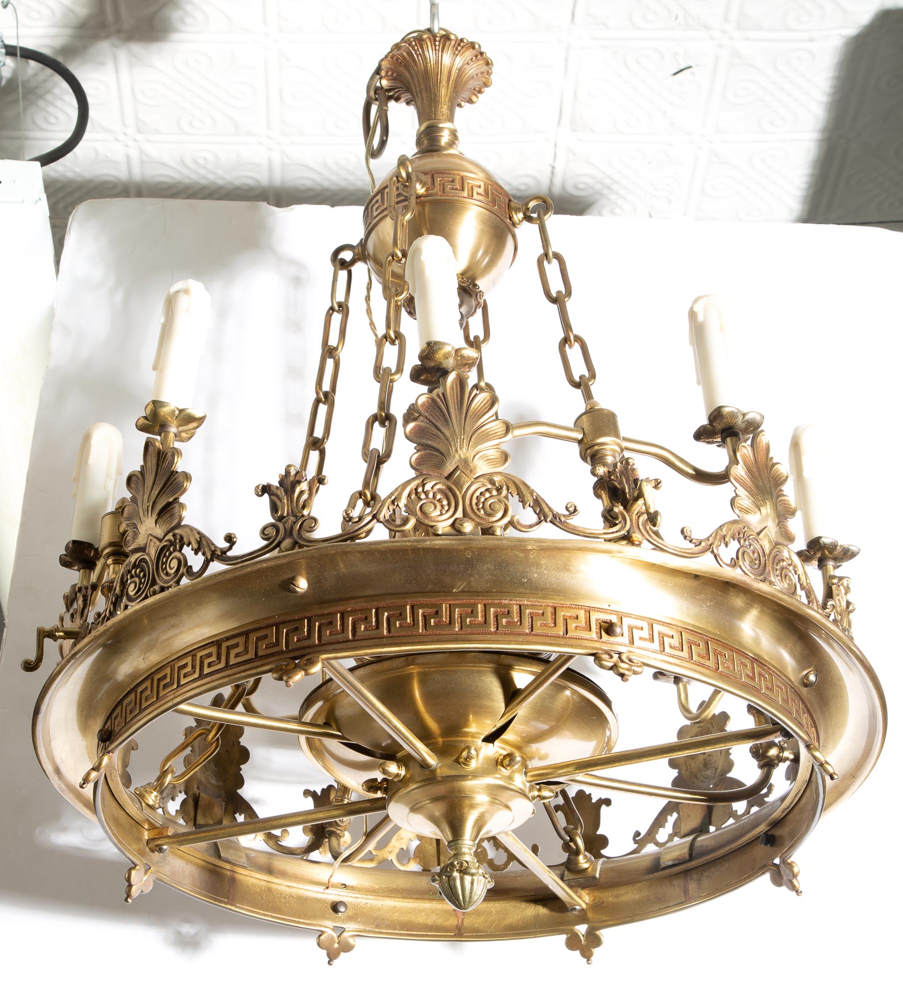 Lot image - Empire Style Brass Eight-Light Chandelier