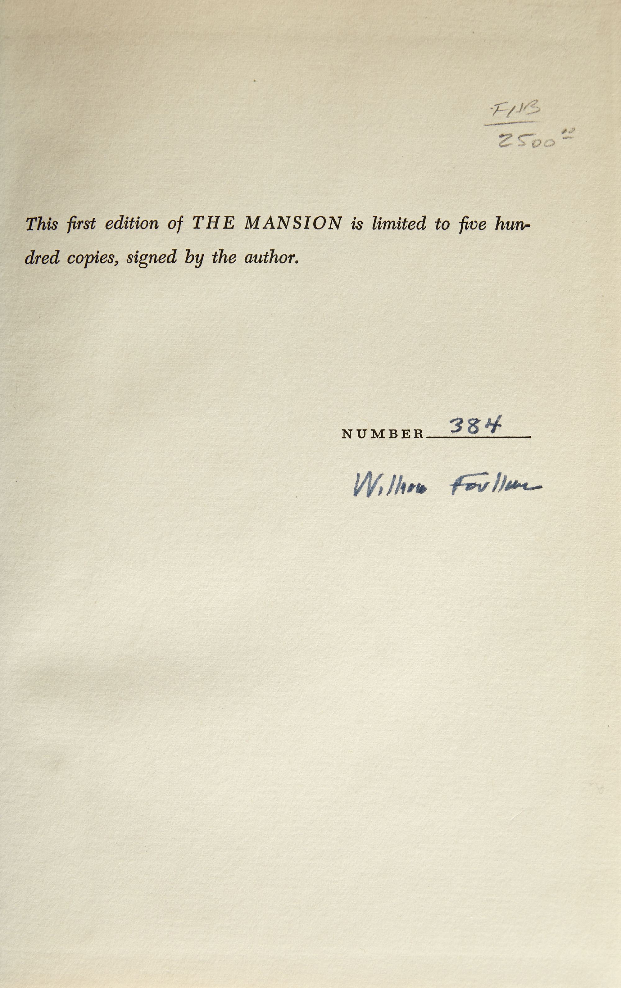 Lot image - FAULKNER, WILLIAM  The Mansion.