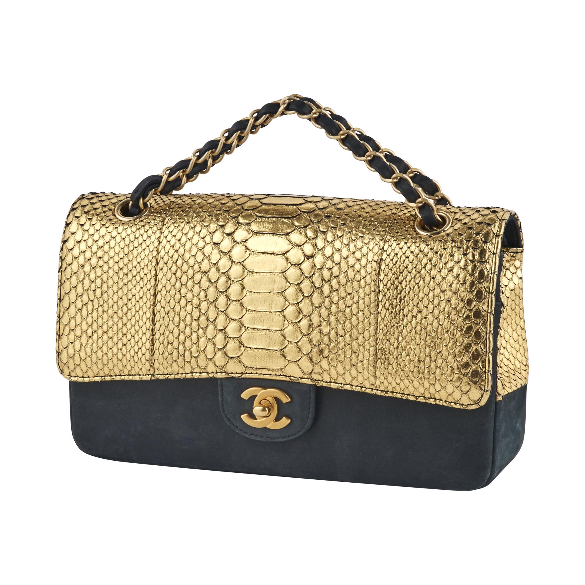 Lot image - Chanel Black Suede and Gold Python Double Flap Bag