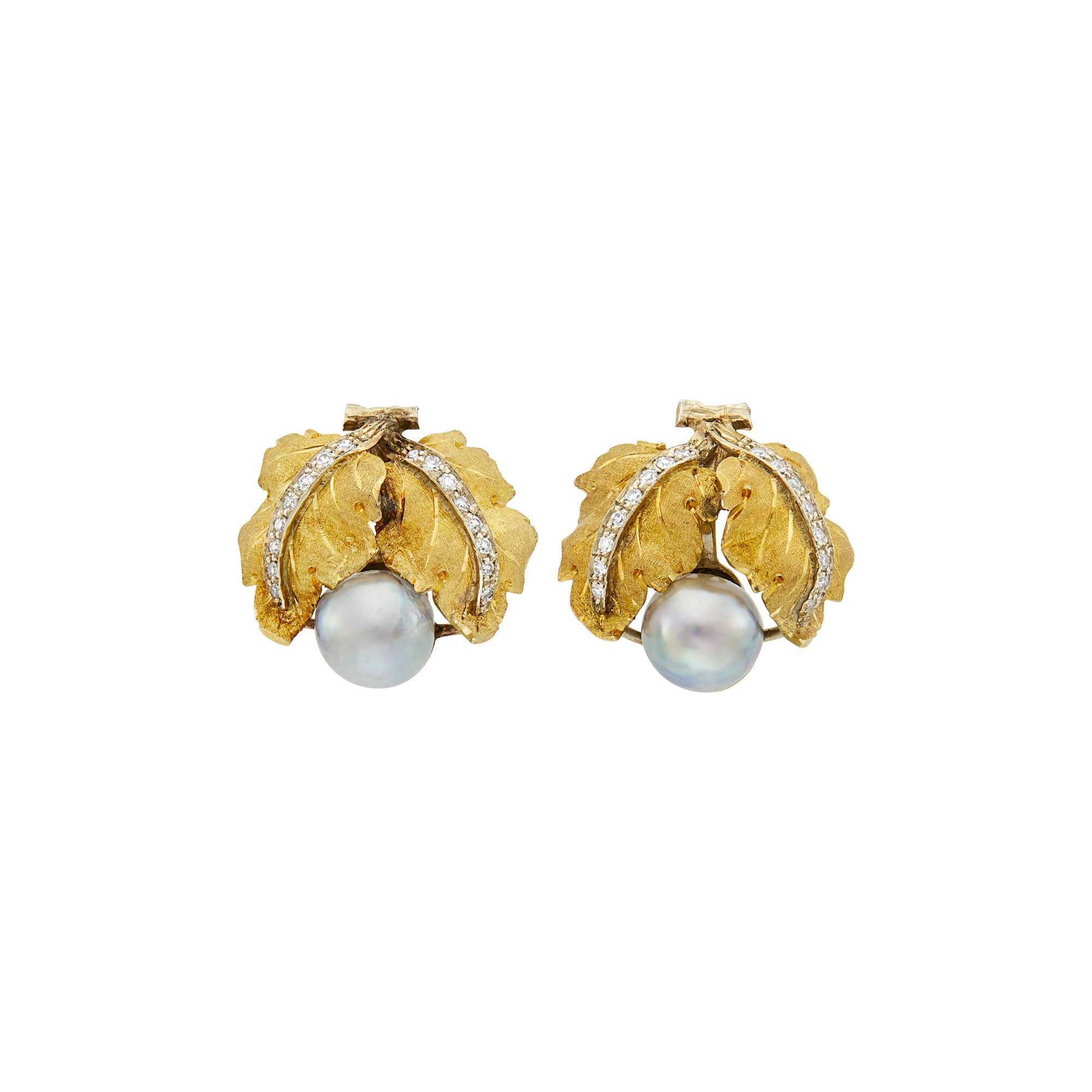 Lot image - Buccellati Pair of Two-Color Gold, Gray Cultured Pearl and Diamond Earclips