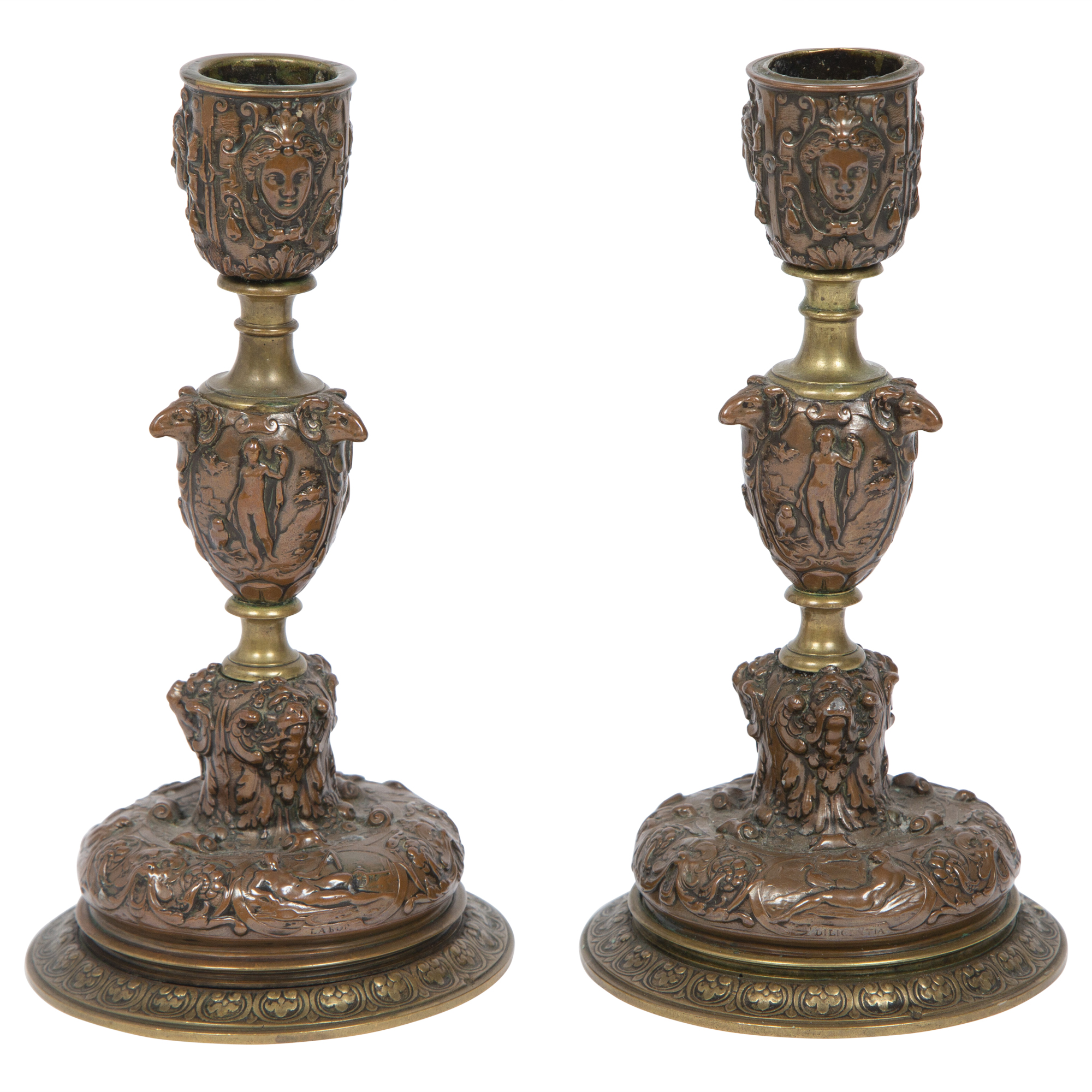 Lot image - Pair of Renaissance Style Brass and Bronze Candlesticks