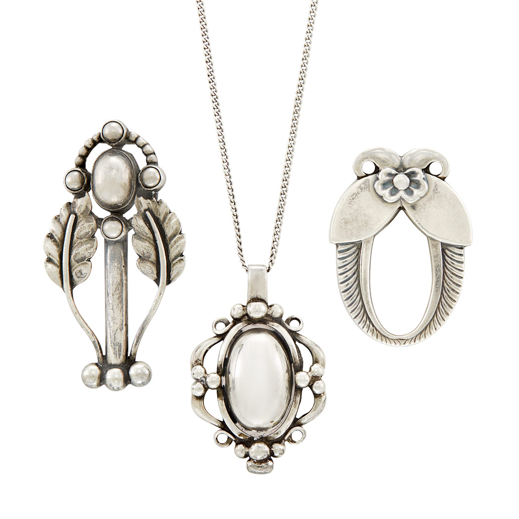 Lot image - Sterling Silver Pendant with Chain and Two Pins, Georg Jensen