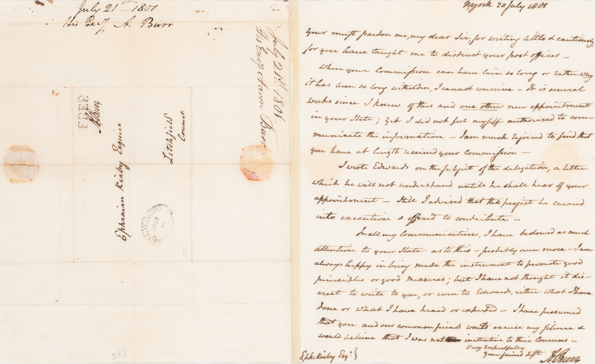 Lot image - BURR, AARON  Autograph letter signed to Ephraim Kirby.
