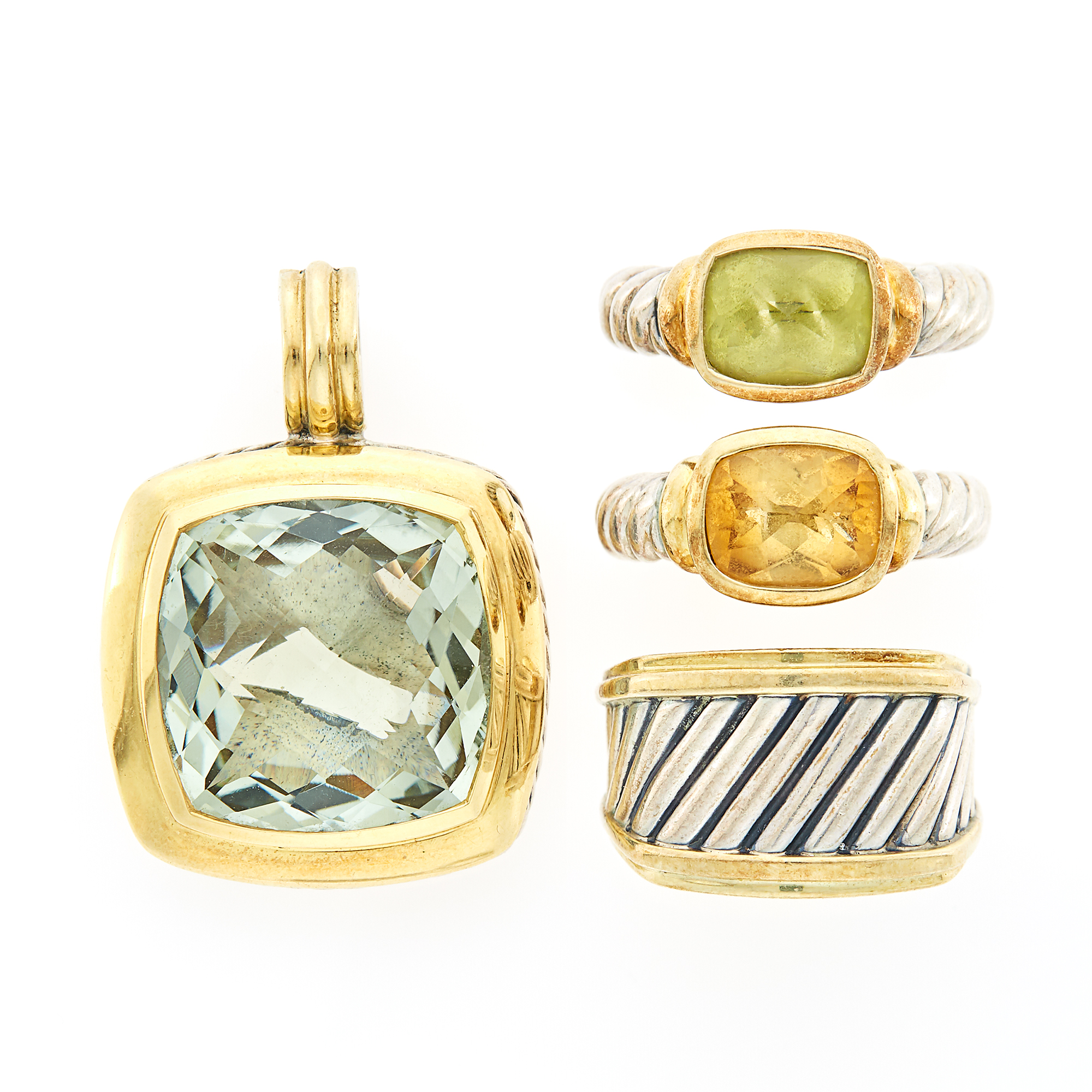 Lot image - David Yurman Three Silver, Gold and Gem-Set Rings and Pendant
