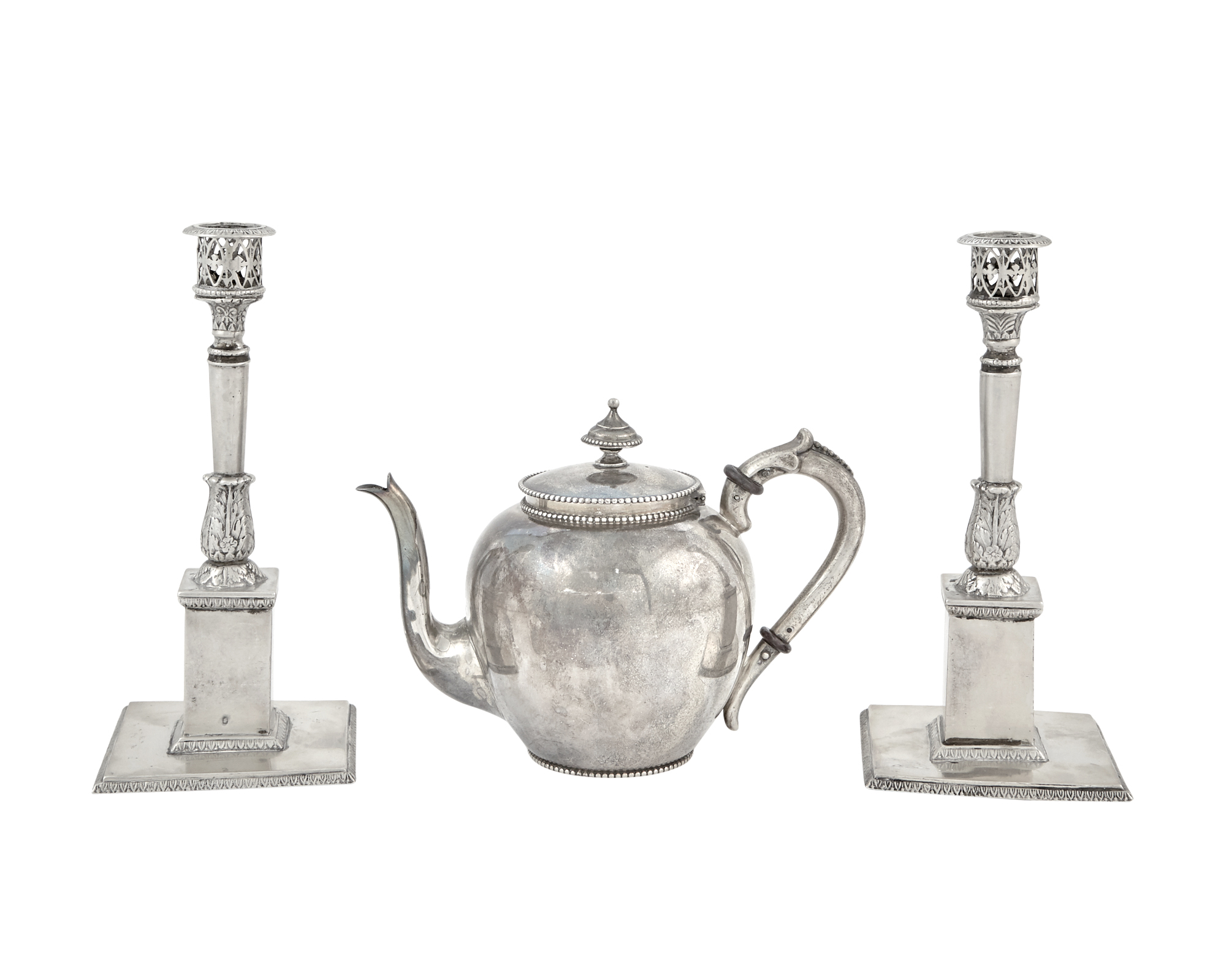 Lot image - Dutch Silver Teapot and Pair of Cast Silver Candlesticks