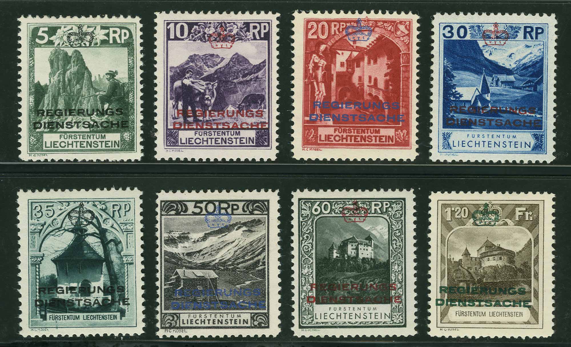 Lot image - Liechtenstein Officials 1932 Set of Eight Scott O1-O8