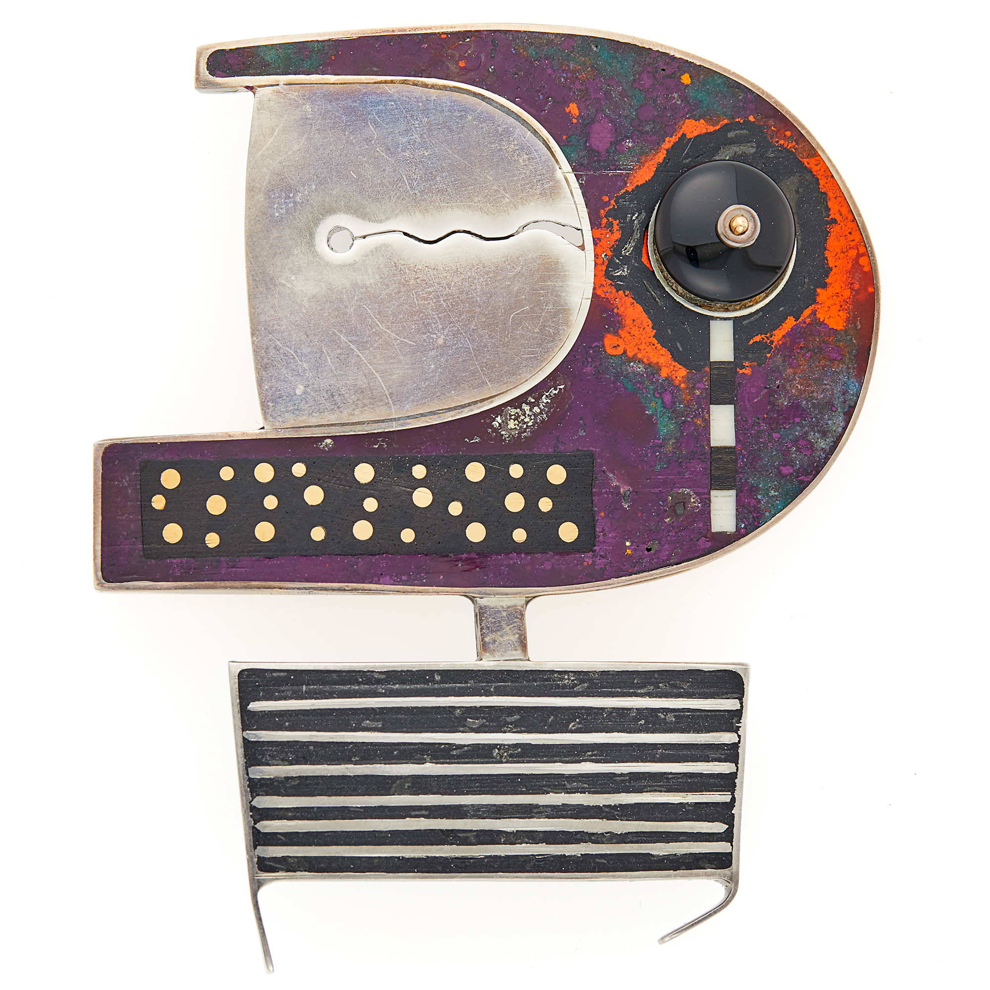 Lot image - Tod Pardon Silver, Multicolored Resin and Black Acrylic Zivie Zig Zag Brooch