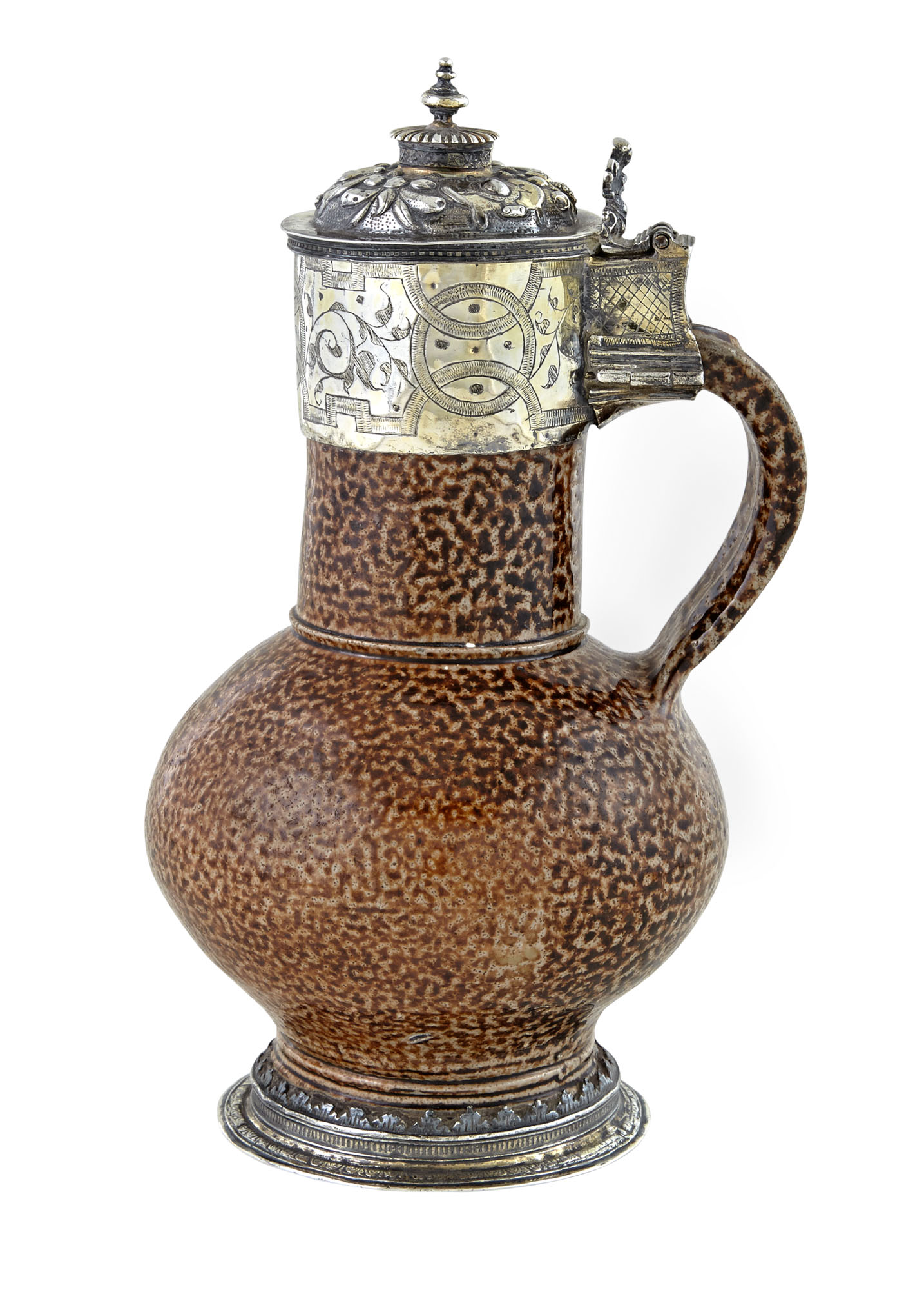 Lot image - Elizabeth I Sterling Silver Gilt Mounted Salt-Glazed Rhenish Tigerware Jug