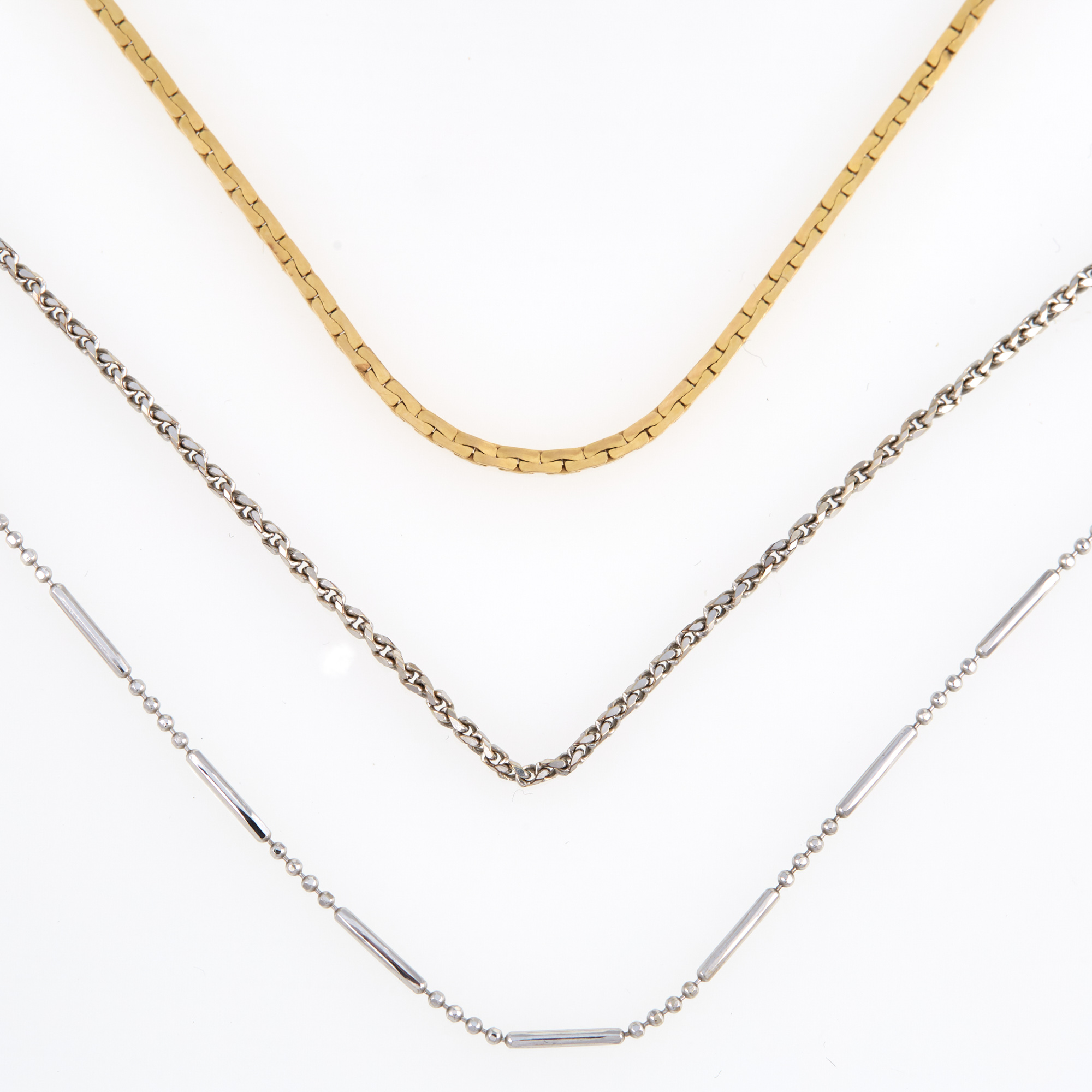 Lot image - Three Gold Neck Chains, 14K 10 dwt., 1 metal clasp