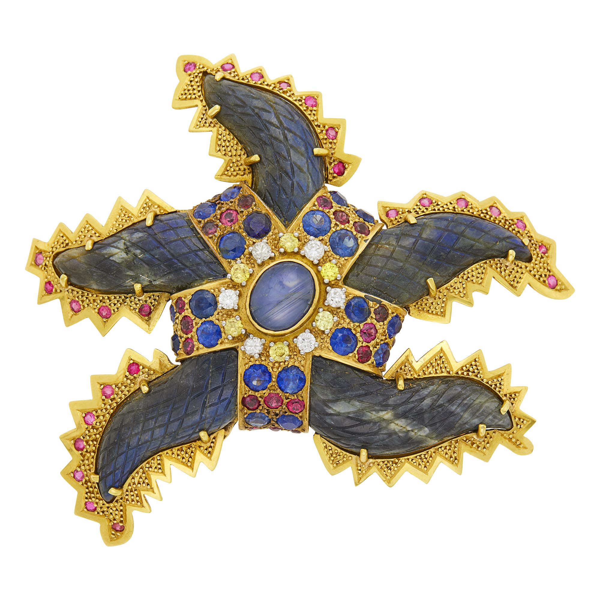 Lot image - Gold, Carved Labradorite, Diamond, Colored Diamond and Gem-Set Starfish Clip-Brooch