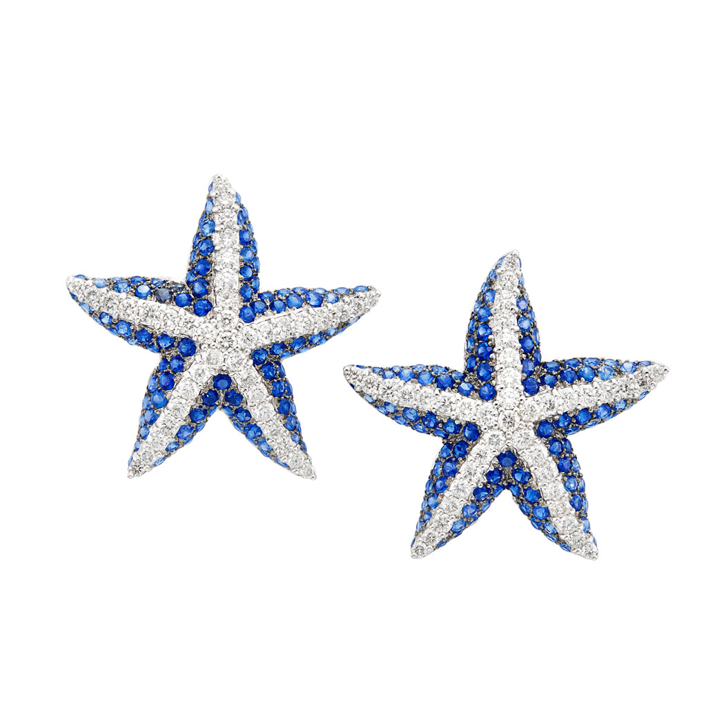 Lot image - Pair of White Gold, Sapphire and Diamond Starfish Earrings