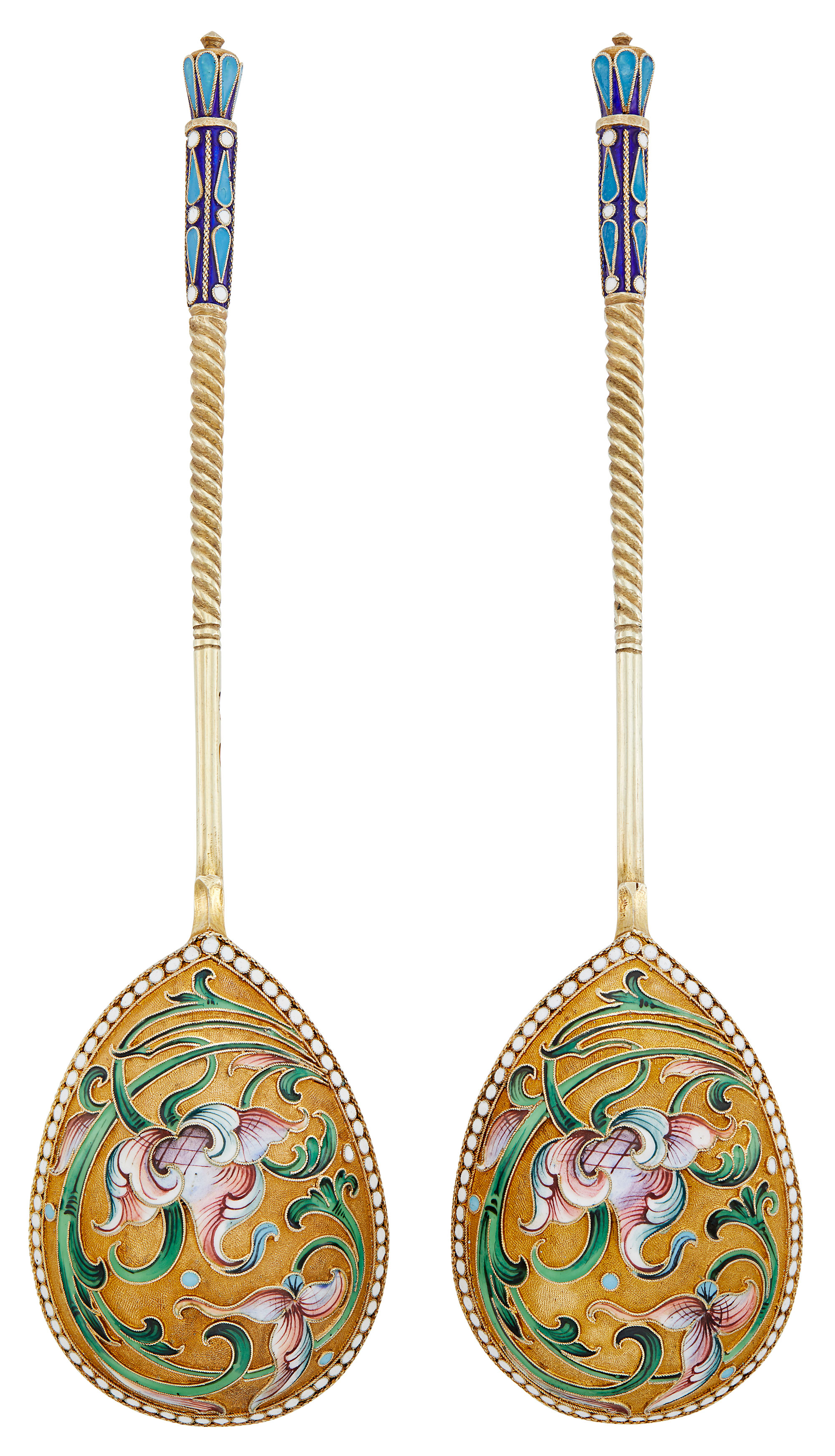 Lot image - Pair of Russian Silver-Gilt and Cloisonné Enamel Spoons