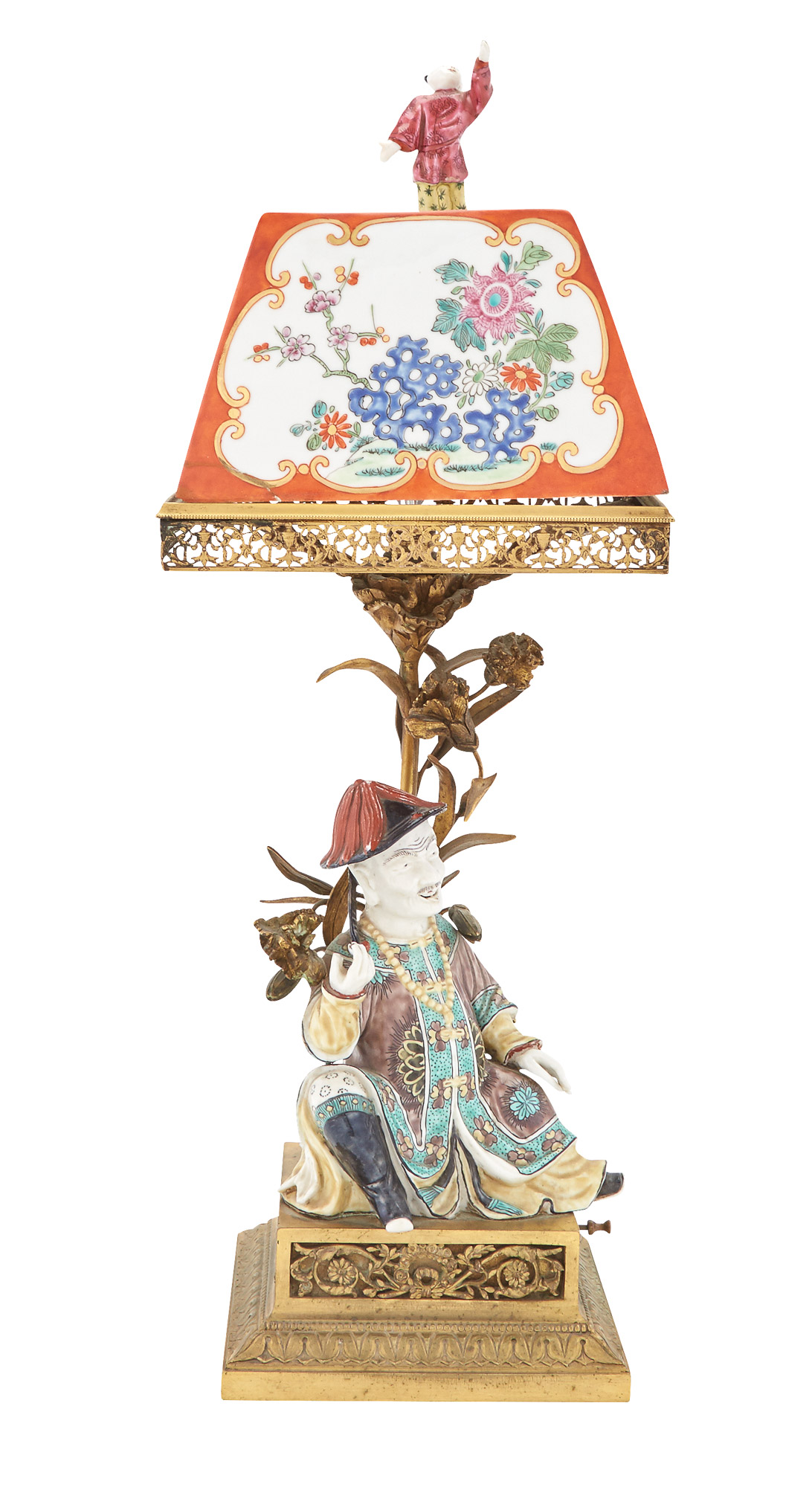 Lot image - Chinese Famille Verte Porcelain and Gilt-Metal-Mounted Lamp with Porcelain Shade