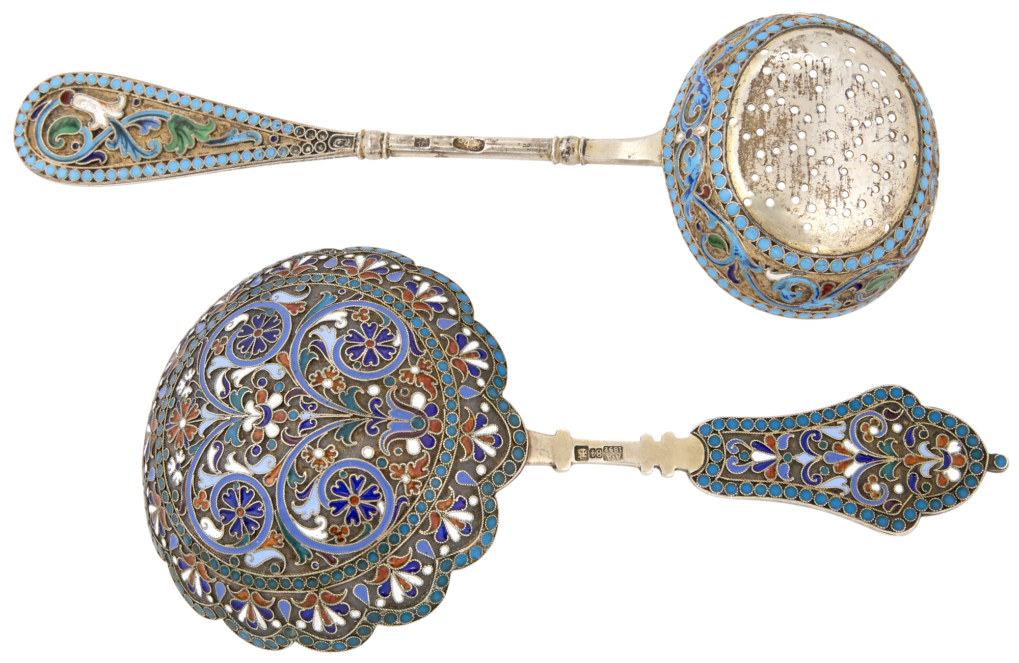 Lot image - Russian Silver and Cloisonné Enamel Serving Spoon and Tea Strainer