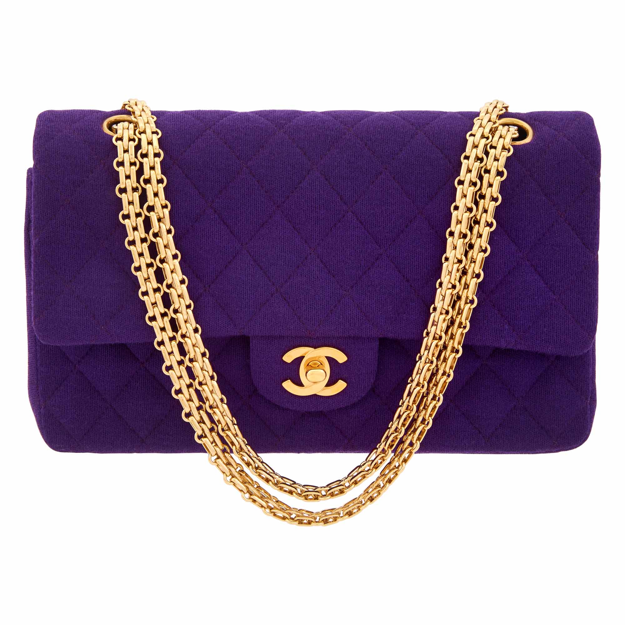 Lot image - Chanel Purple Quilted Cotton Double Flap Bag
