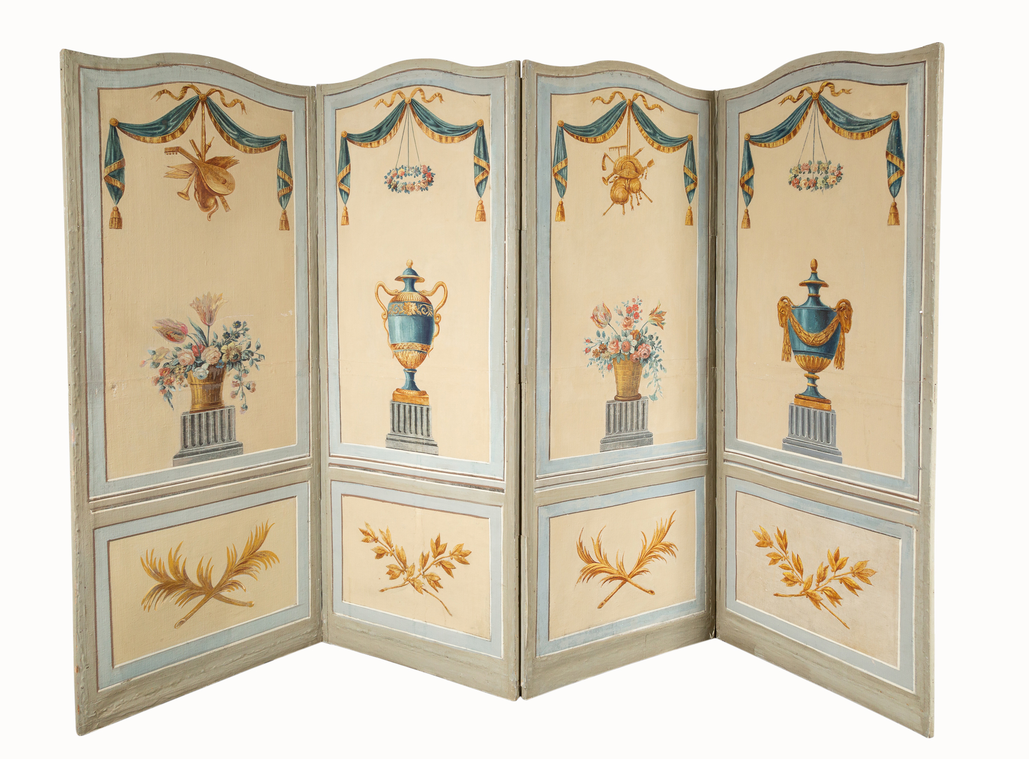 Lot image - Louis XVI Style Painted Canvas and Wood Four-Fold Screen