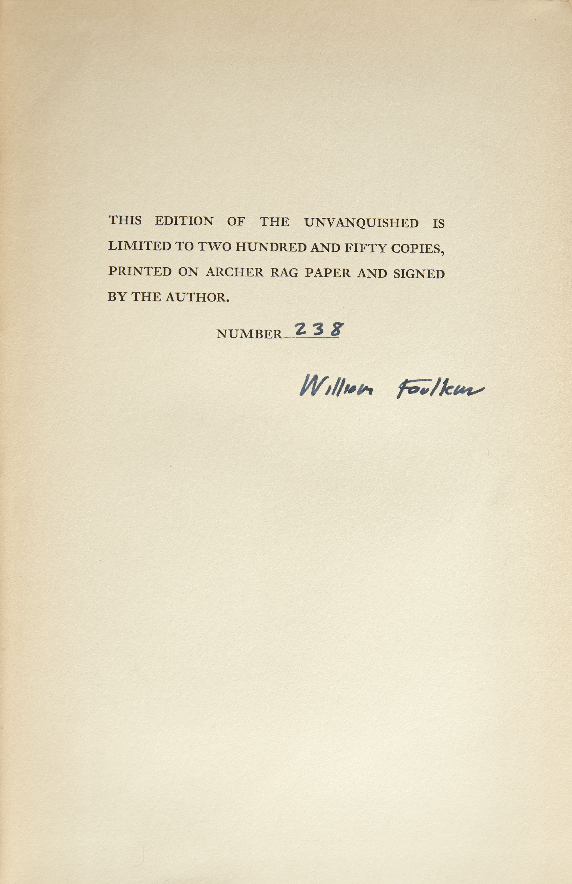 Lot image - FAULKNER, WILLIAM  The Unvanquished.