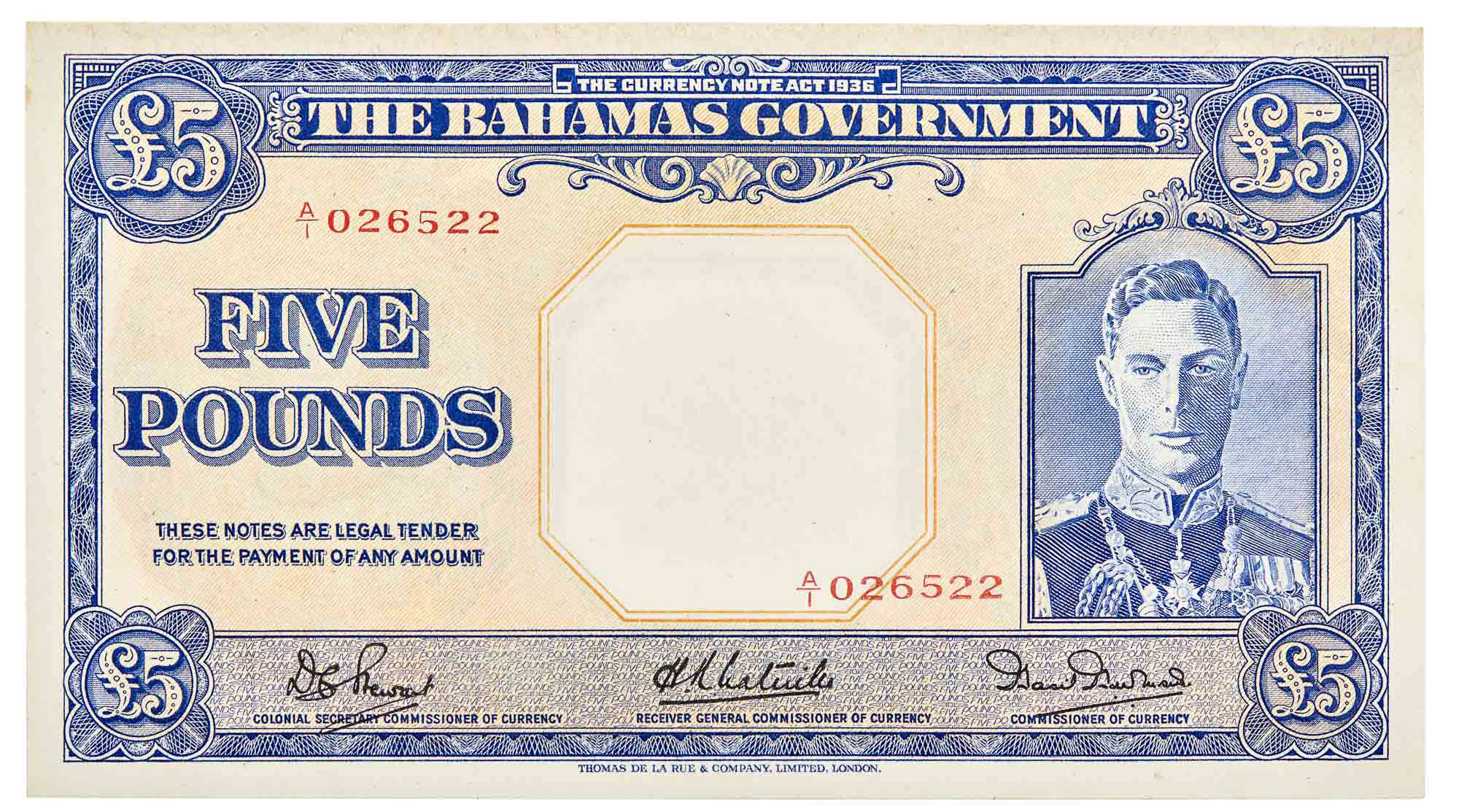 Lot image - Bahamas 1936 Five Pound KM 12a