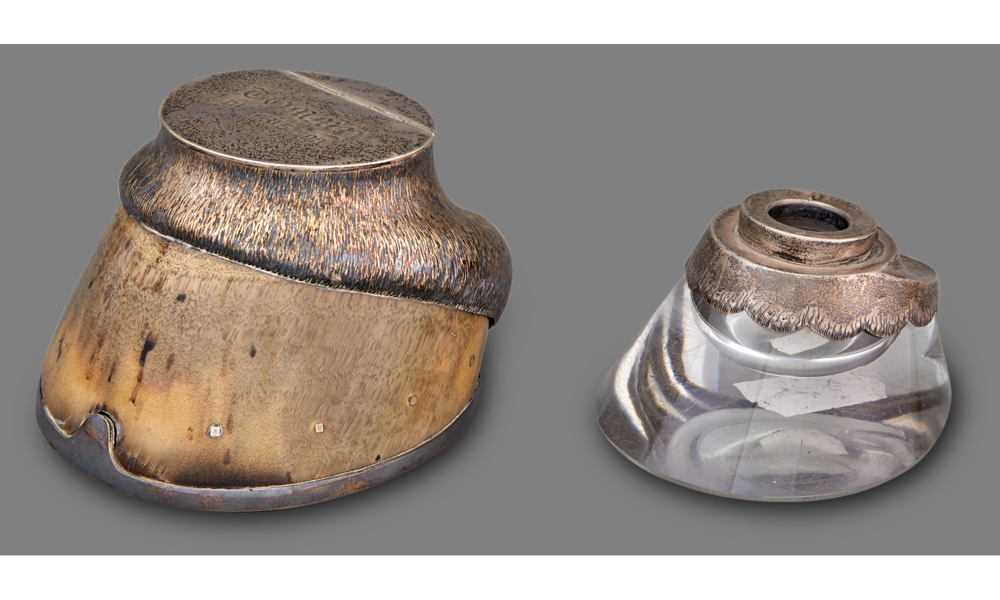 Lot image - George V Sterling Silver Mounted Molded Glass Hoof-Form Novelty Inkstand