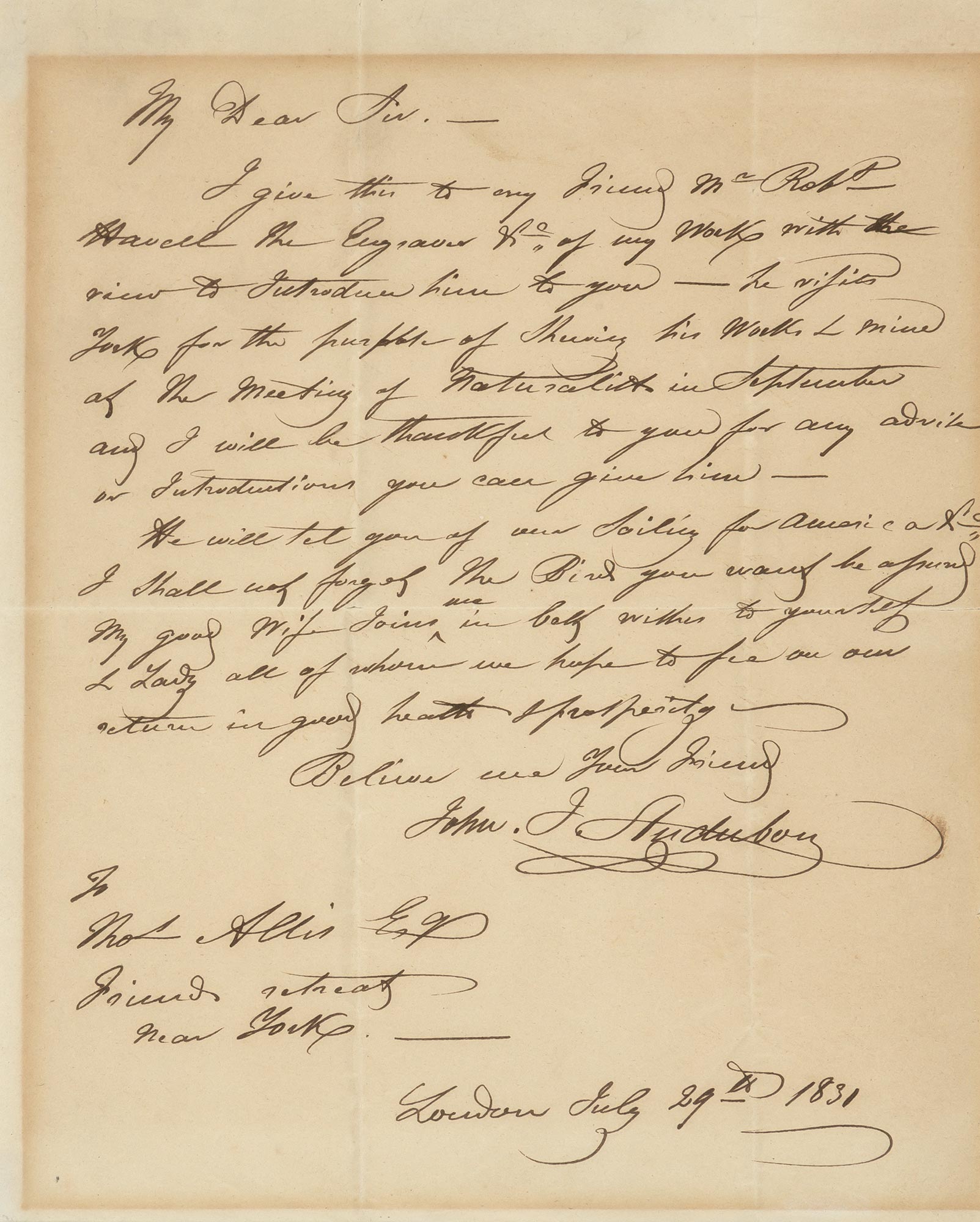 Lot image - AUDUBON, JOHN JAMES  Autograph letter signed.