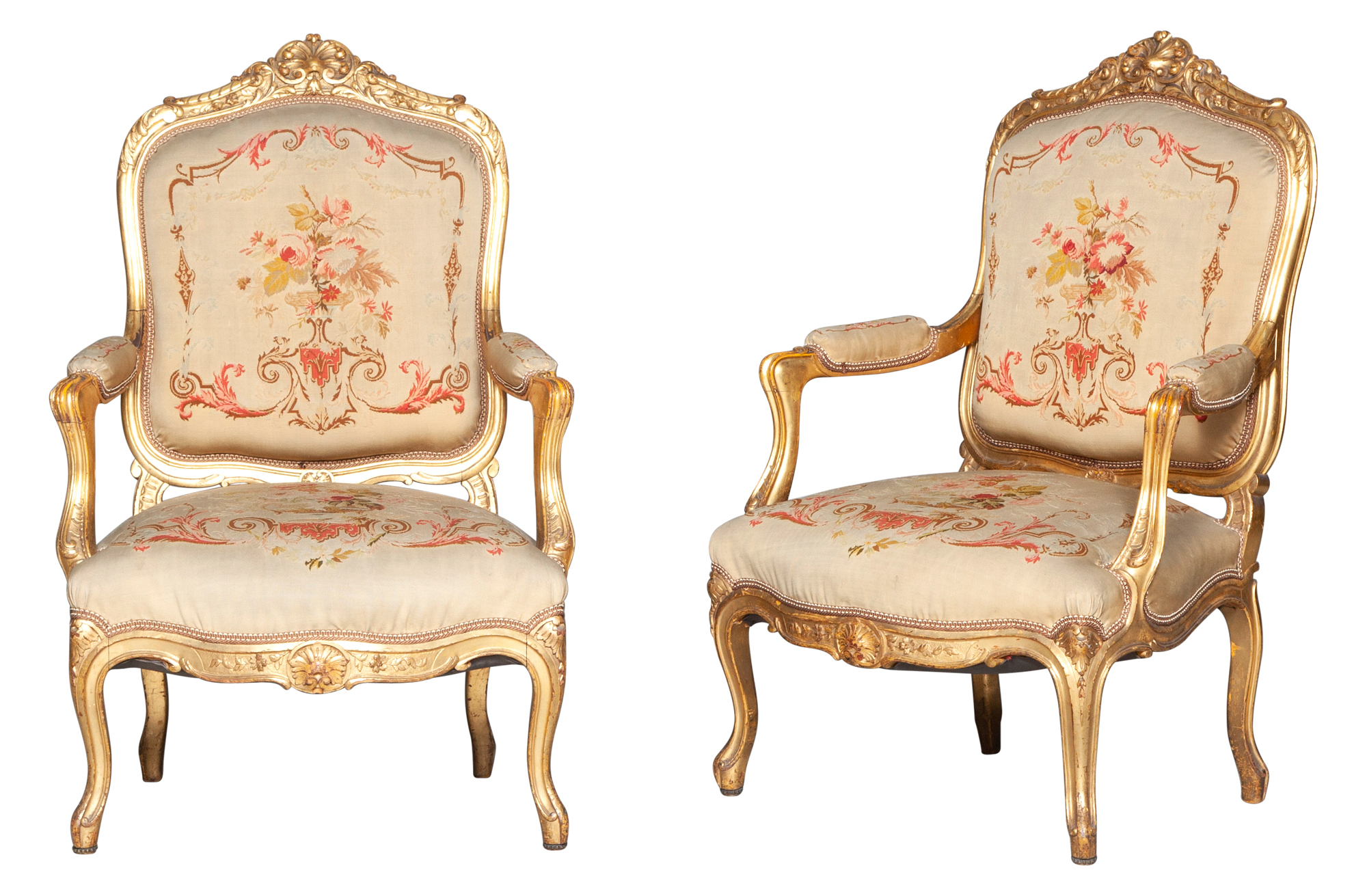Lot image - Pair of Louis XV Style Tapestry Upholstered Giltwood Fauteuils