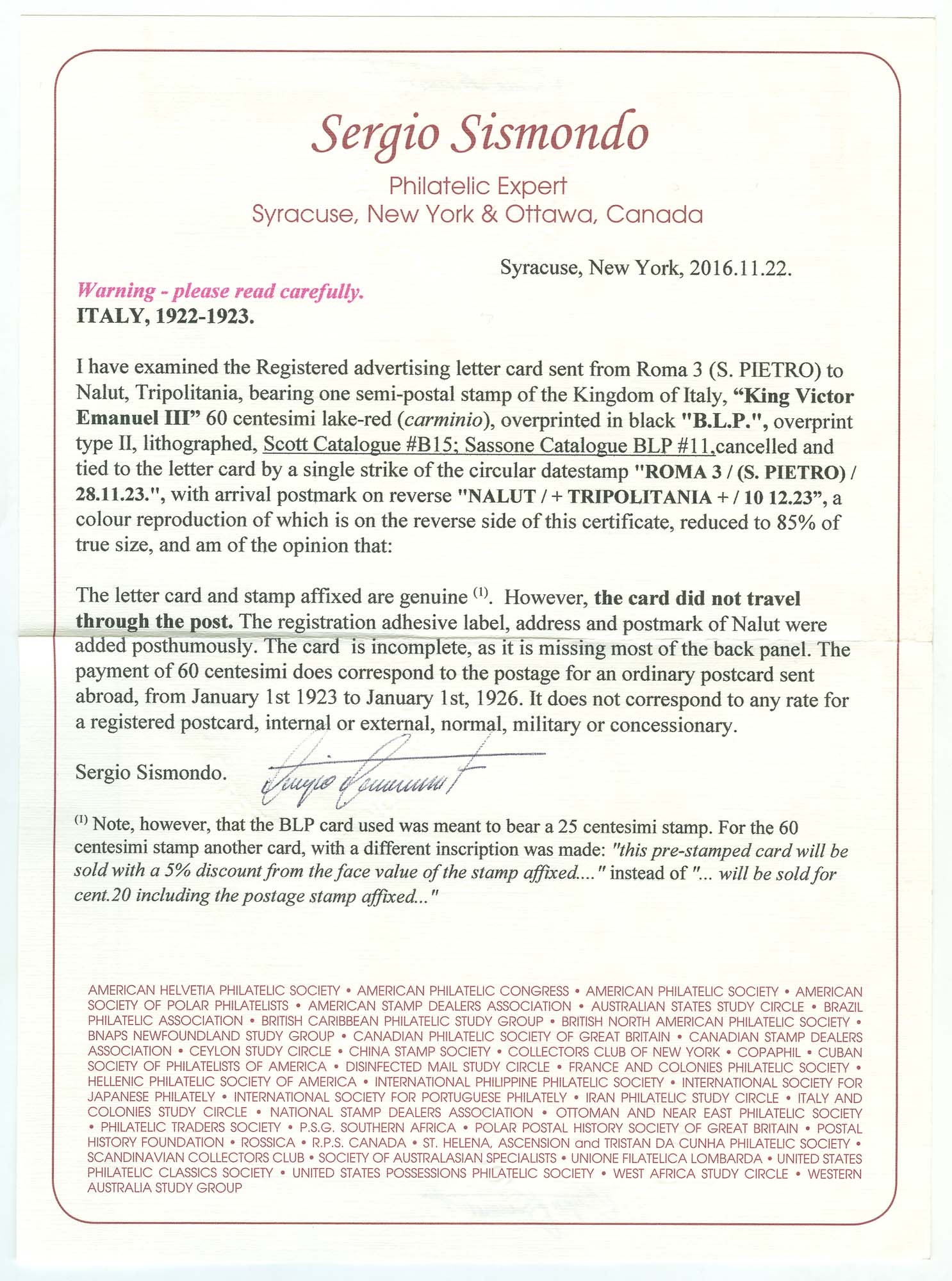 Lot image - Italy Semi-Postal 1922-23 60 C. Overprinted B.L.P. Scott B15