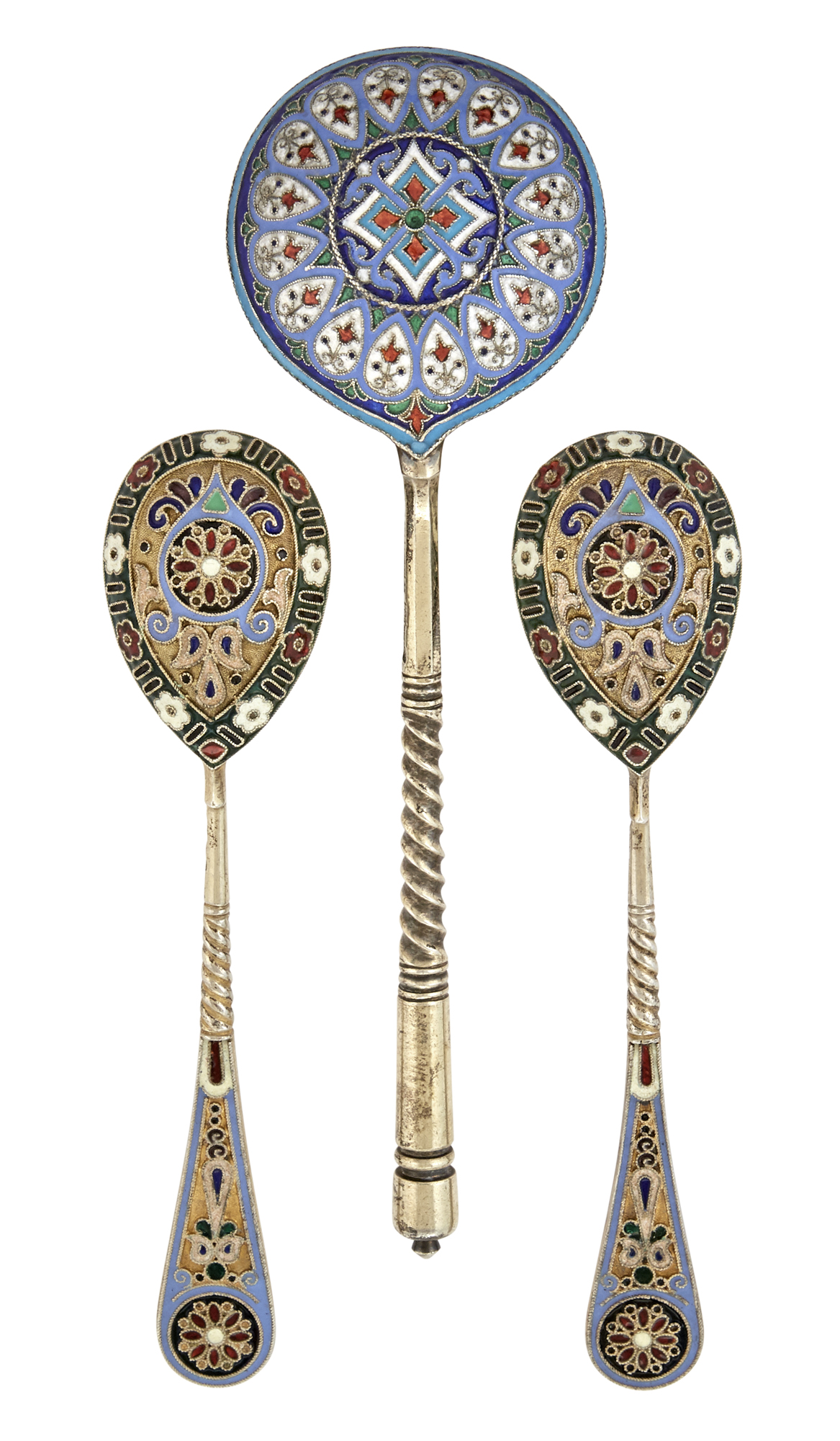 Lot image - Russian Silver and Cloisonné Enamel Serving Spoon and a Pair of Teaspoons