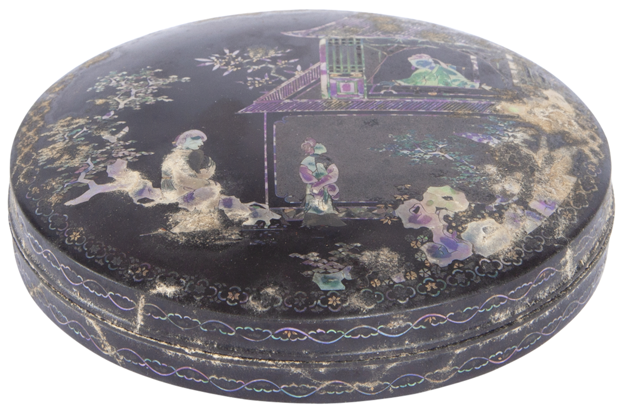 Lot image - A Chinese Lac Burgauté Covered Round Box