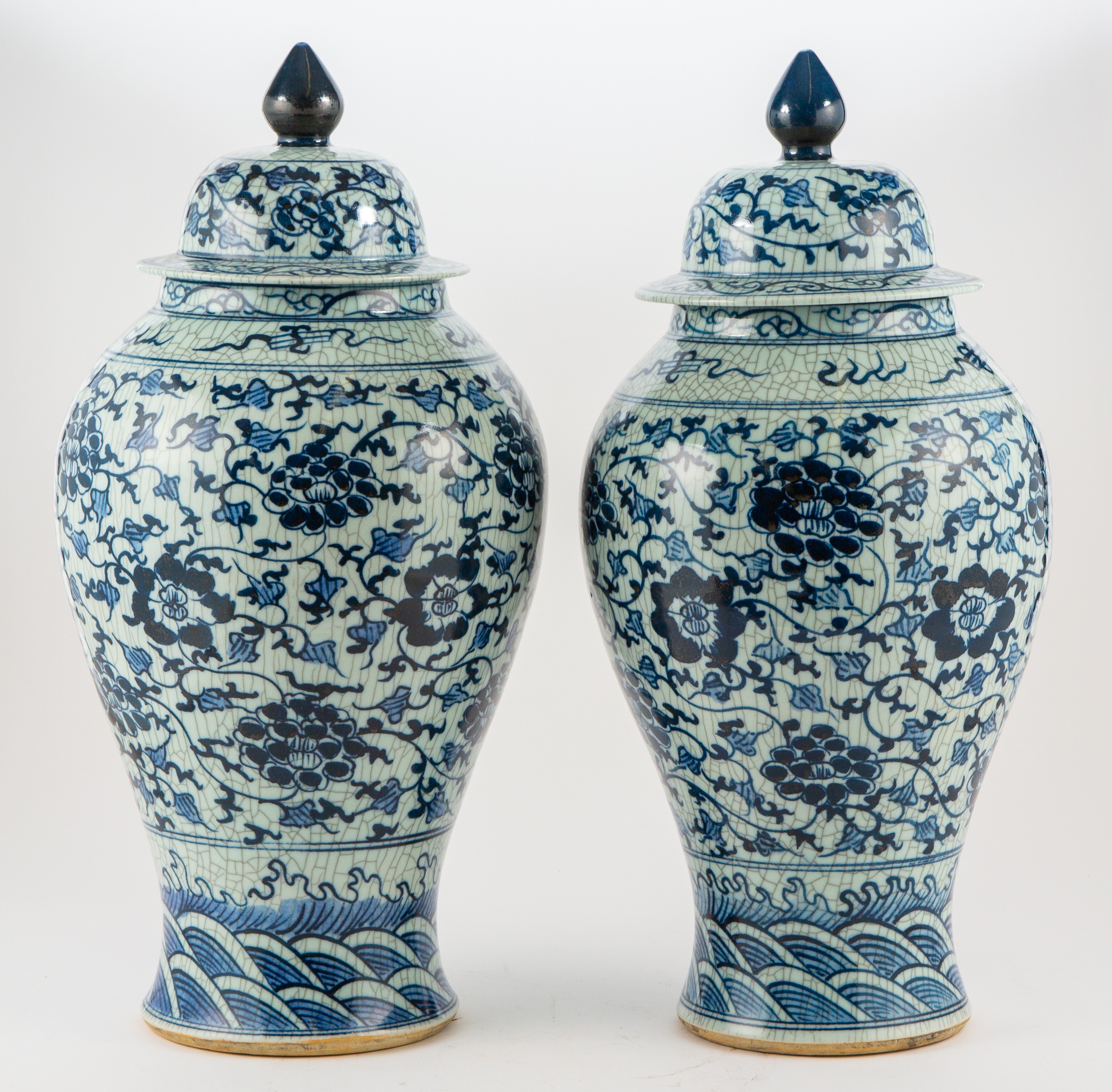 Lot image - Pair of Chinese Blue and White Porcelain Covered Vases