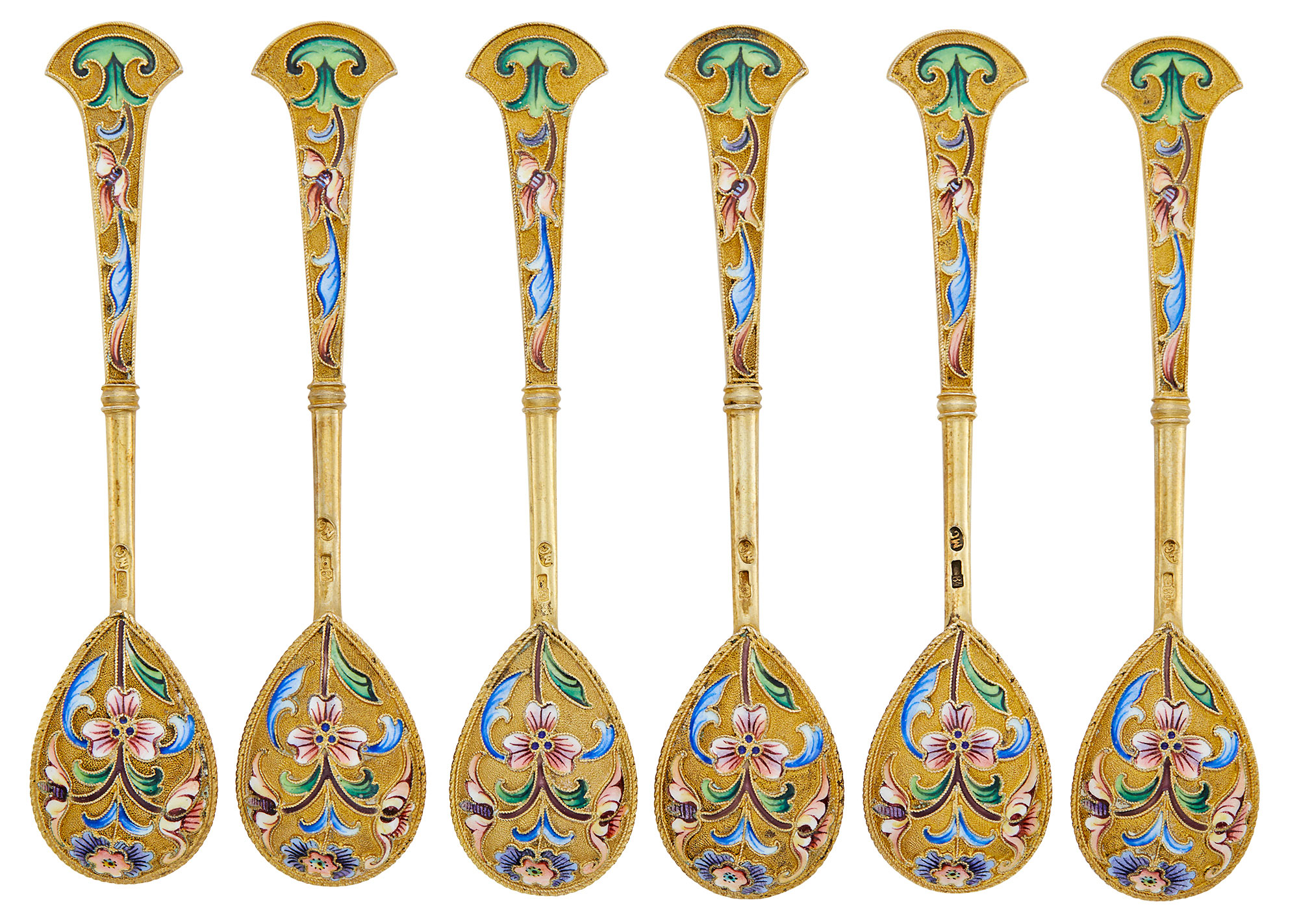 Lot image - Set of Six Russian Silver-Gilt and Cloisonné Enamel Teaspoons