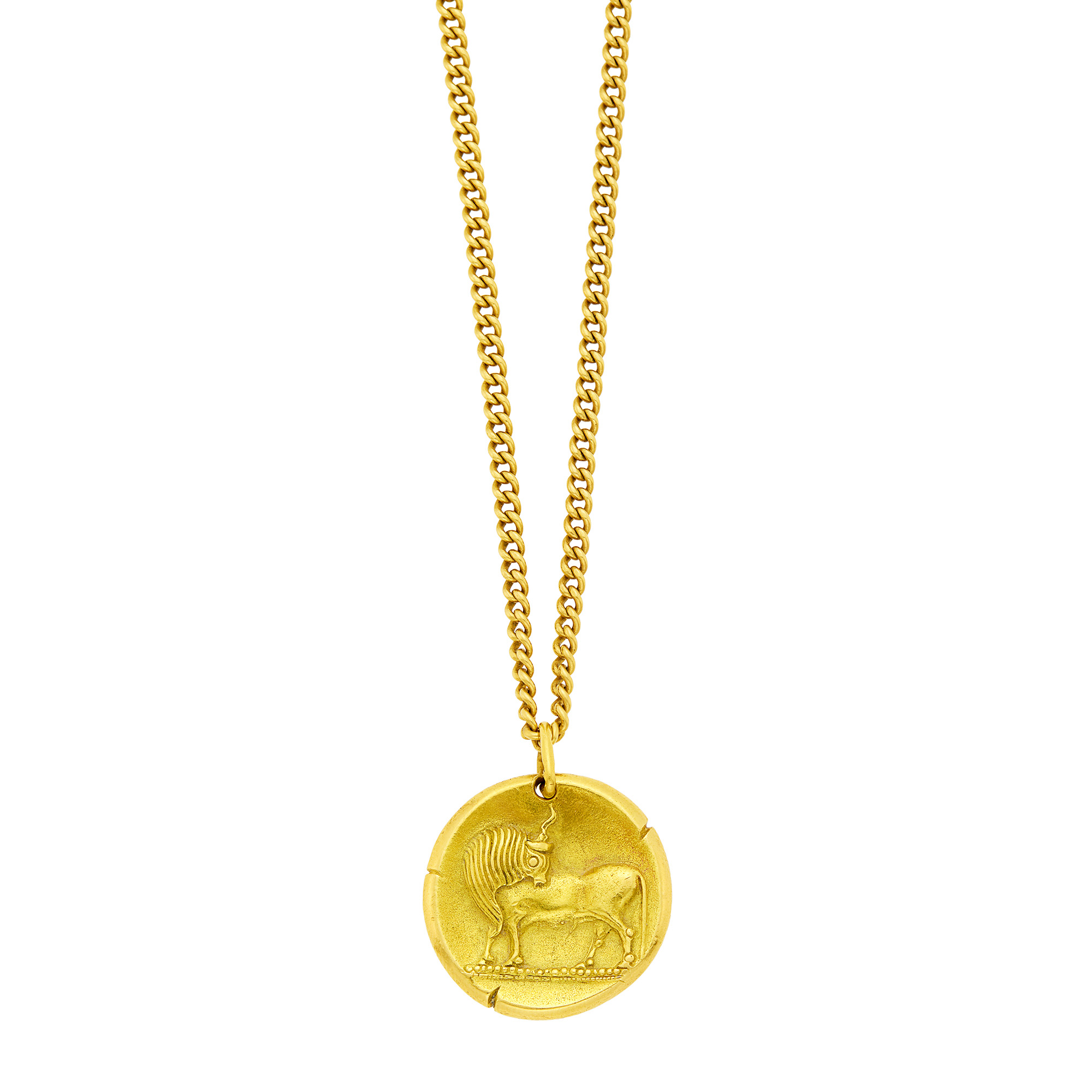 Lot image - Van Cleef & Arpels Gold Taurus Zodiac Pendant, France, with Long Gold Chain Necklace