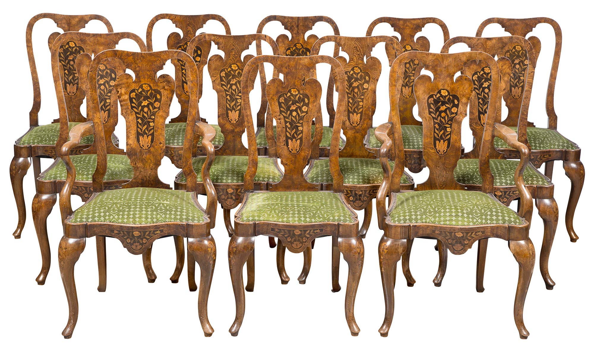 Lot image - Set of Twelve Dutch Rococo Style Elm and Walnut Marquetry Dining Chairs