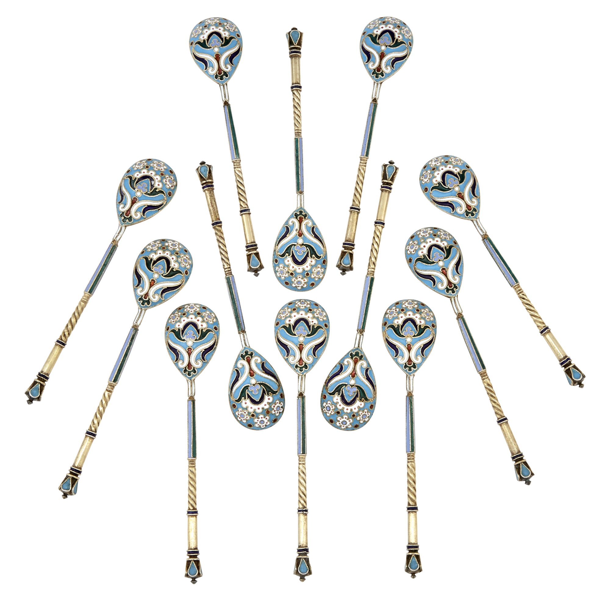 Lot image - Set of Twelve Russian Silver-Gilt and Cloisonné Enamel Teaspoons
