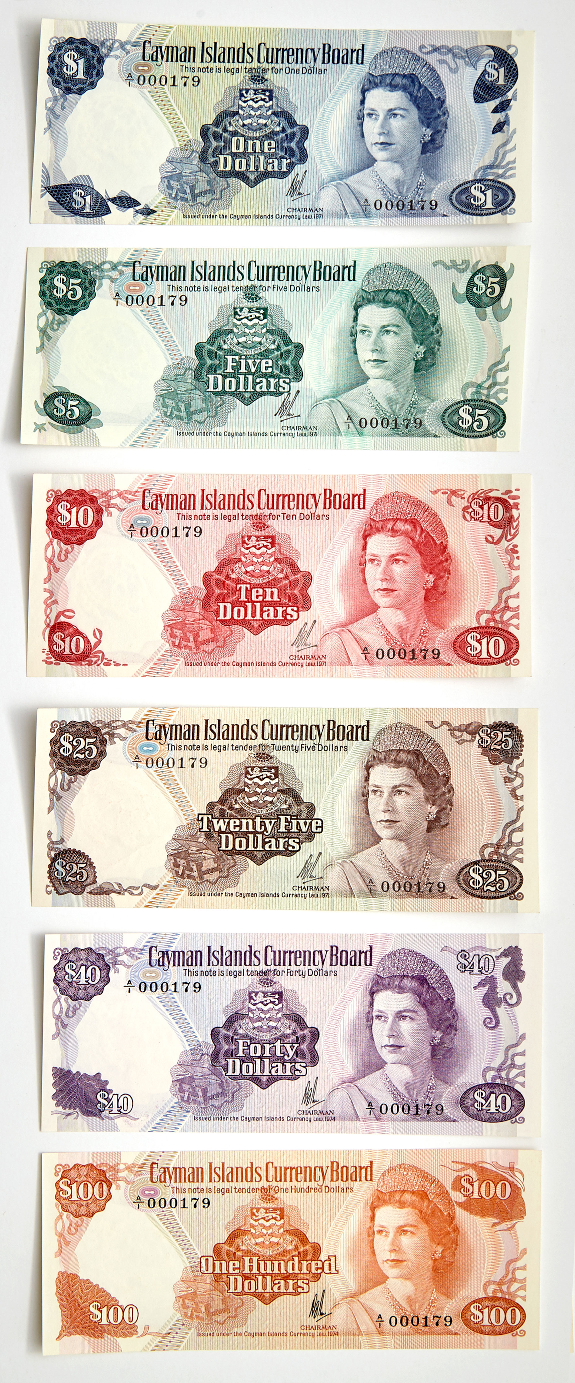 Lot image - Cayman Islands 1971 $1-$100 KM 5-11