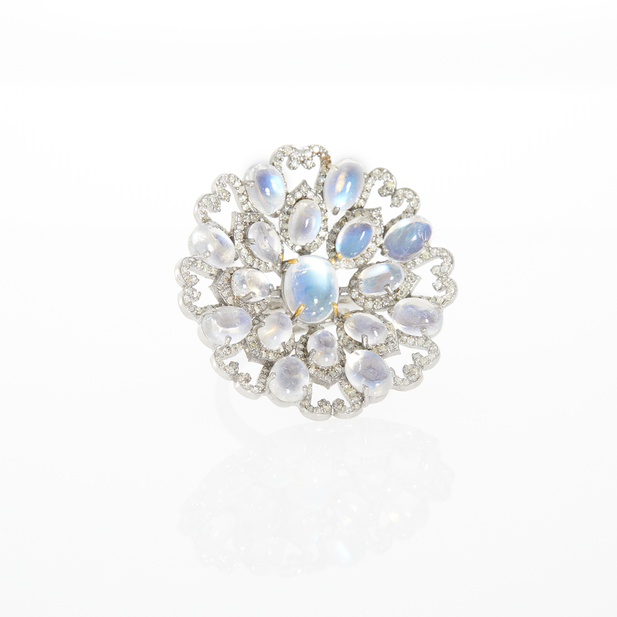 Lot image - Silver, Moonstone and Diamond Flower Ring