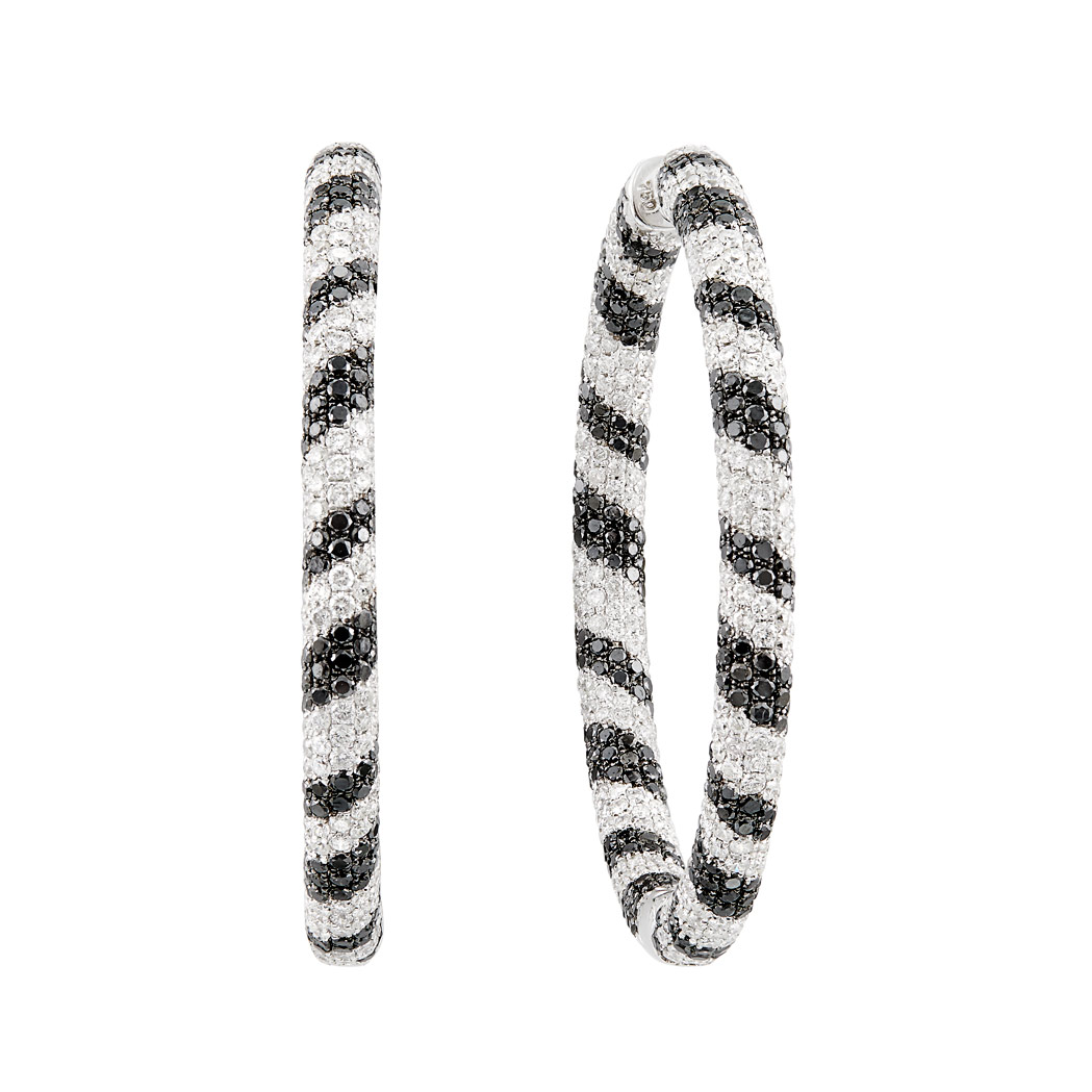 Lot image - Pair of White Gold, Black Diamond and Diamond Hoop Earrings