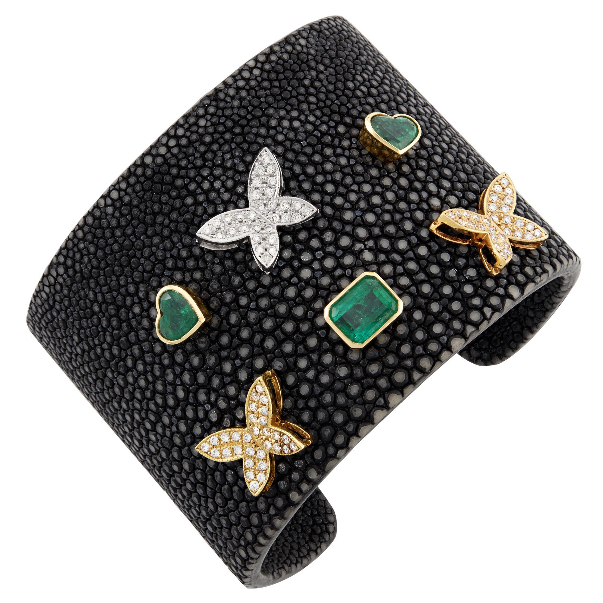 Lot image - Two-Color Gold, Emerald and Shagreen Cuff Bracelet