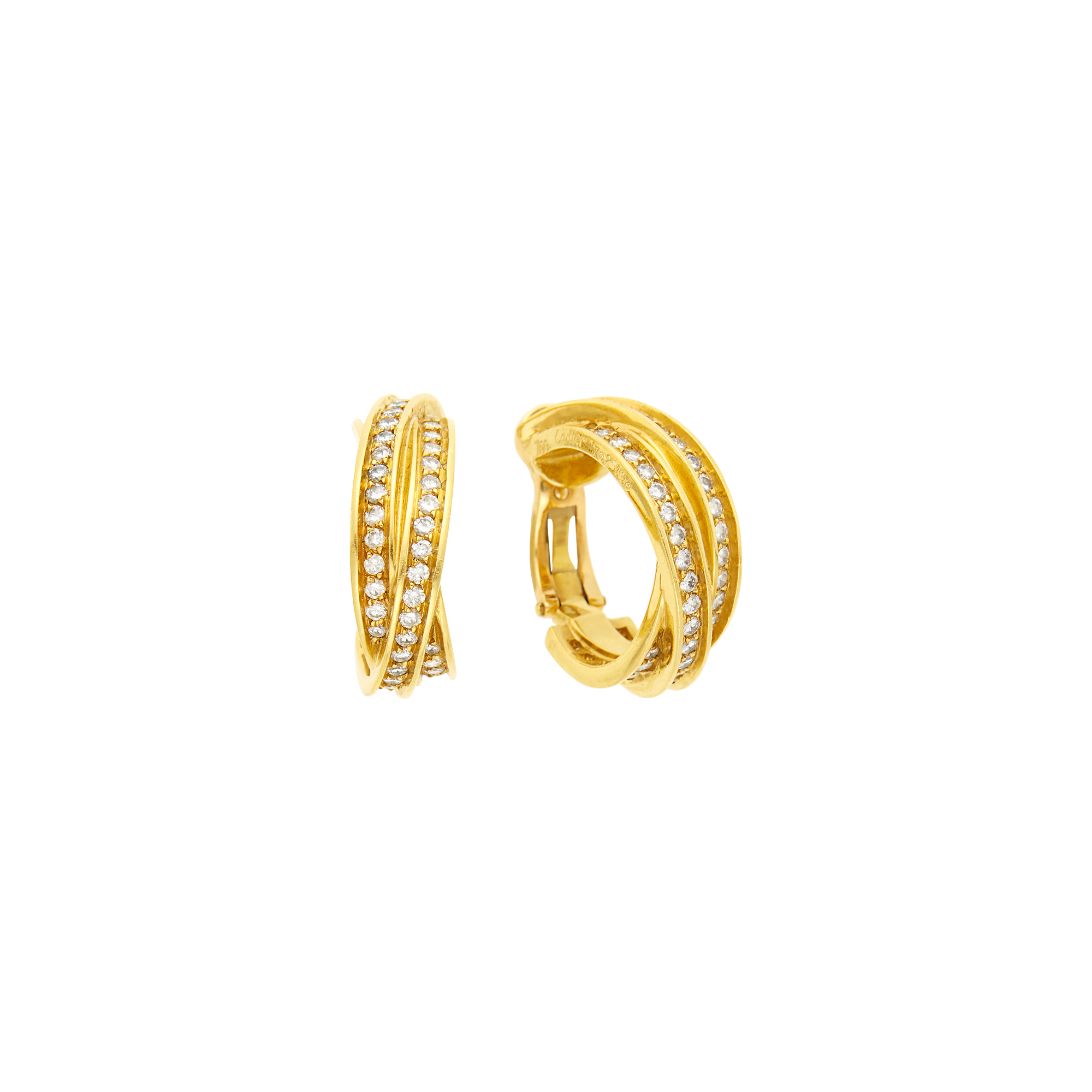 Lot image - Cartier Pair of Gold and Diamond Trinity Hoop Earrings, France