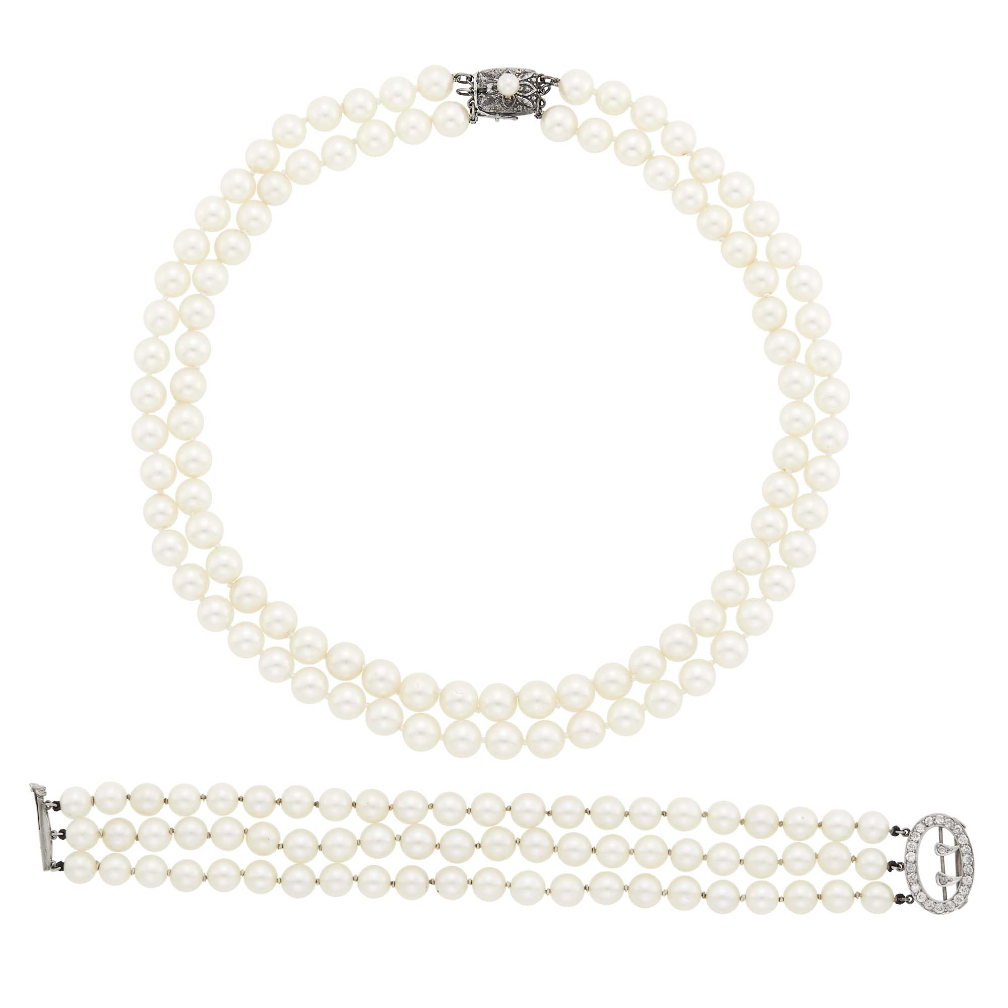 Lot image - Triple Strand Cultured Pearl Bracelet with White Gold and Diamond Clasp and Mikimoto Necklace with Silver Clasp