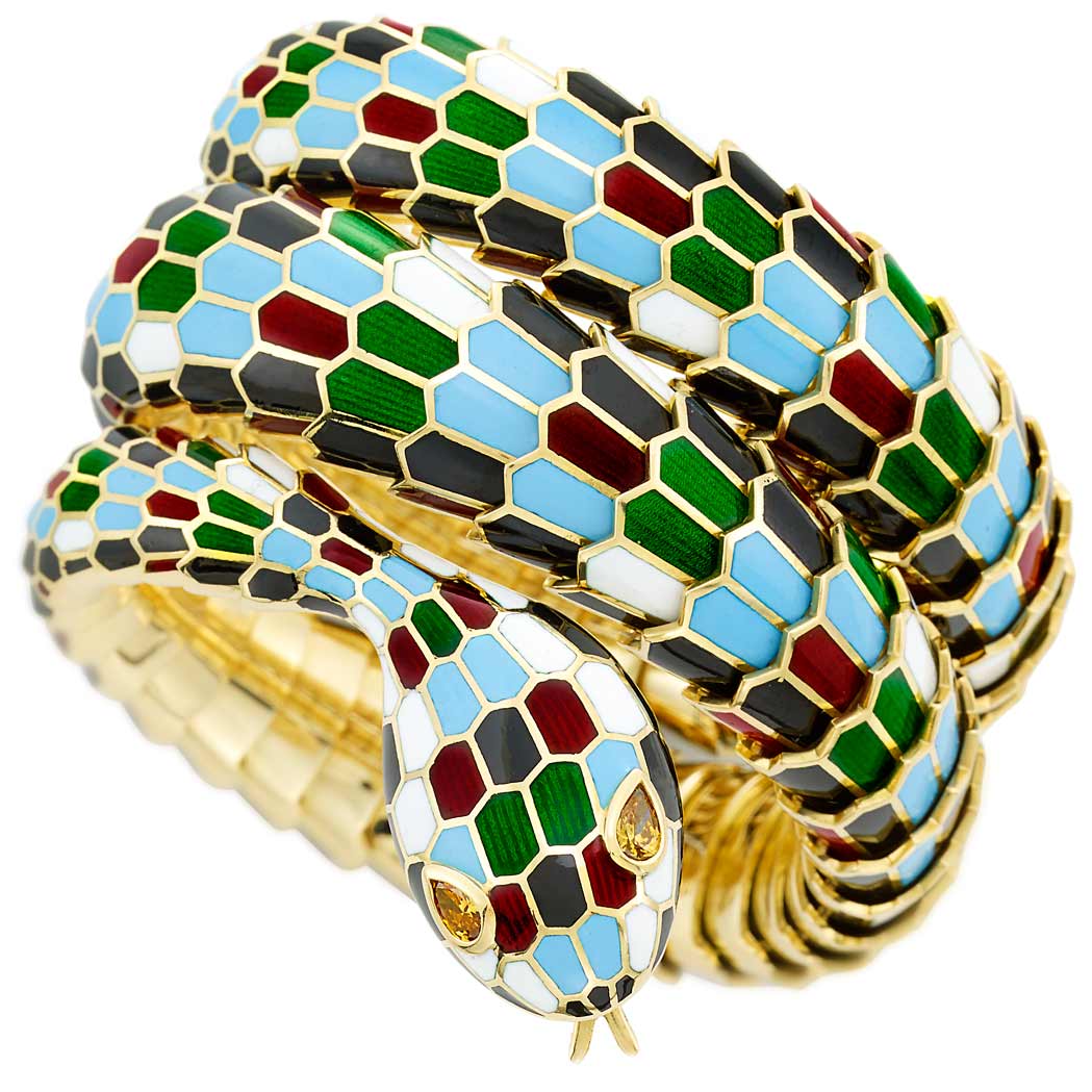 Lot image - Gold, Enamel and Brown Diamond Snake Bracelet
