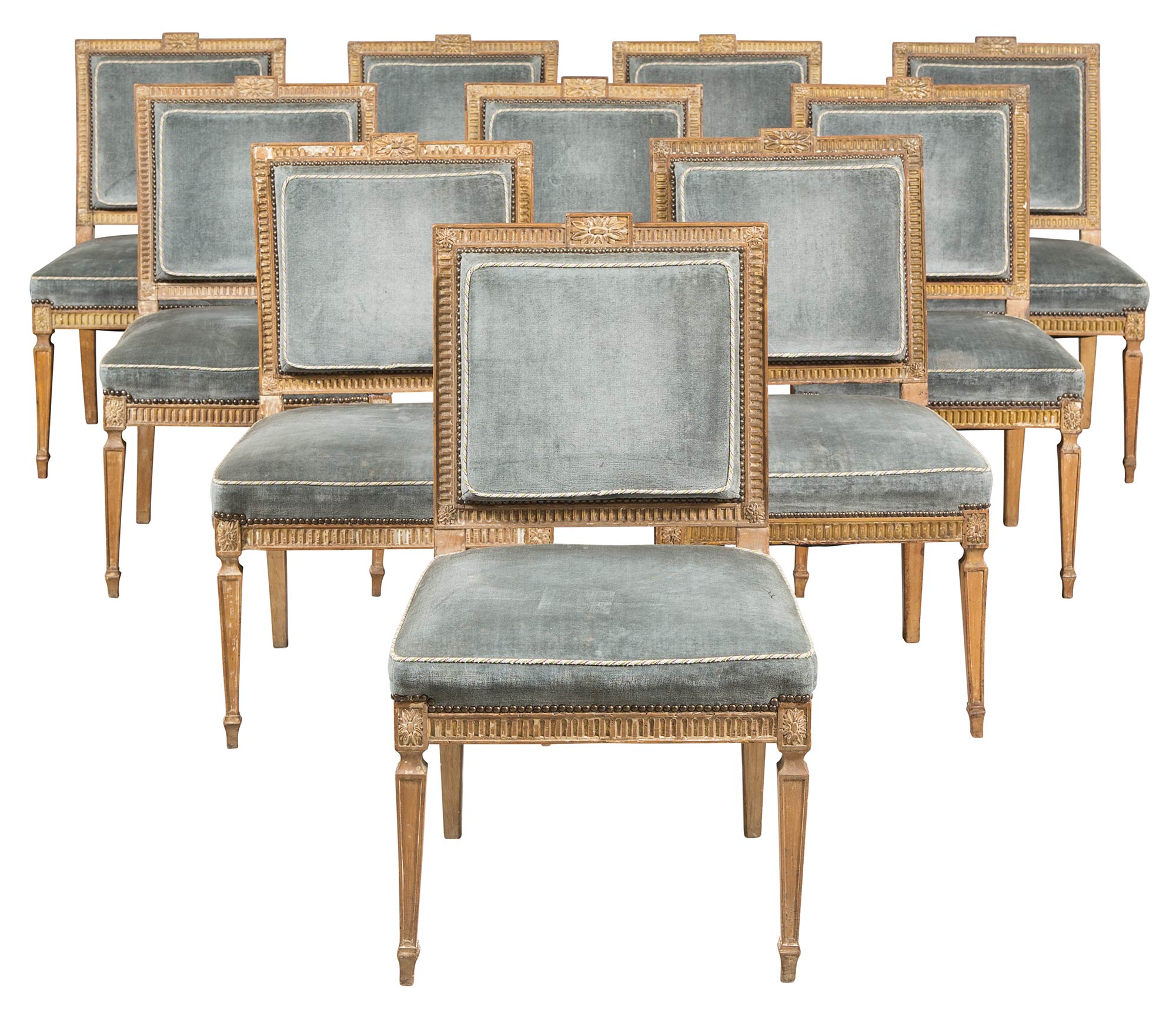 Lot image - Set of Ten George III Beechwood and Parcel-Gilt Dining Chairs