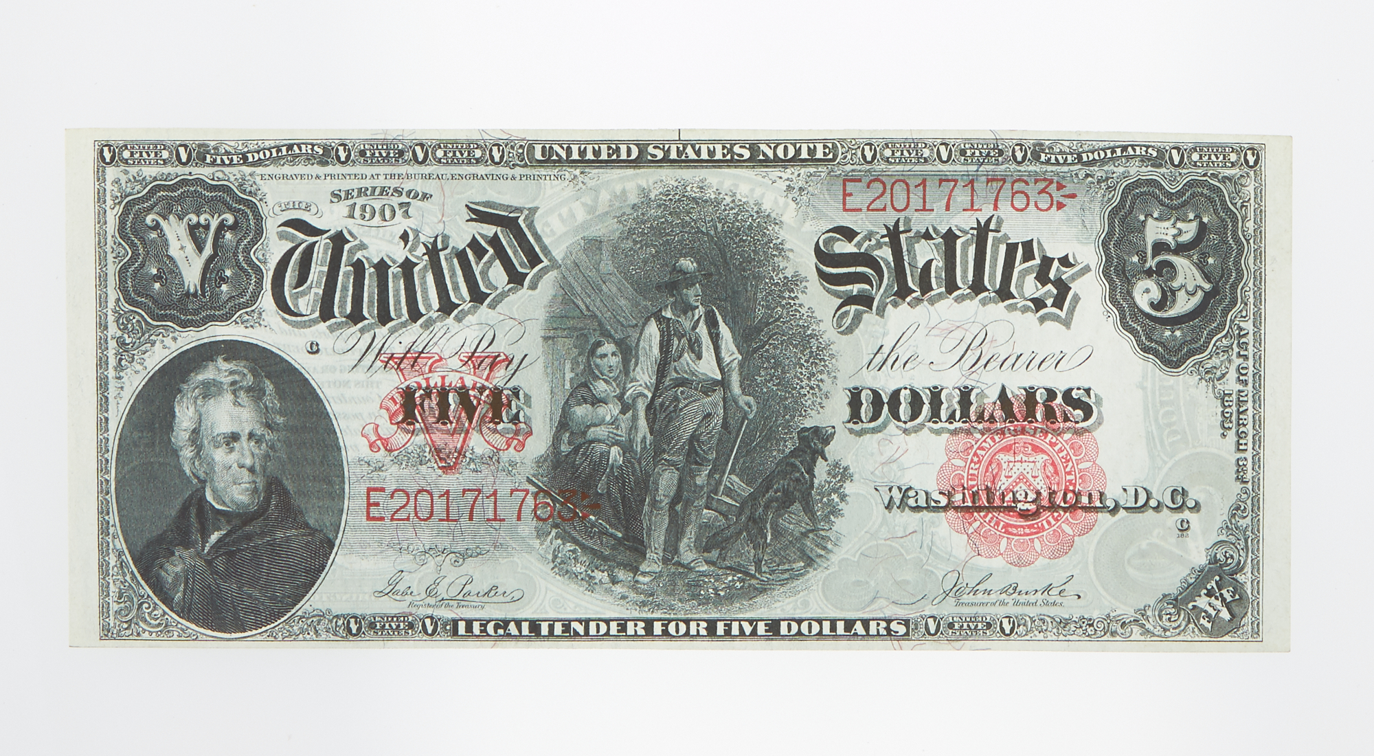 Lot image - United States 1907 Legal Tender $5 Wood Chopper Fr 87